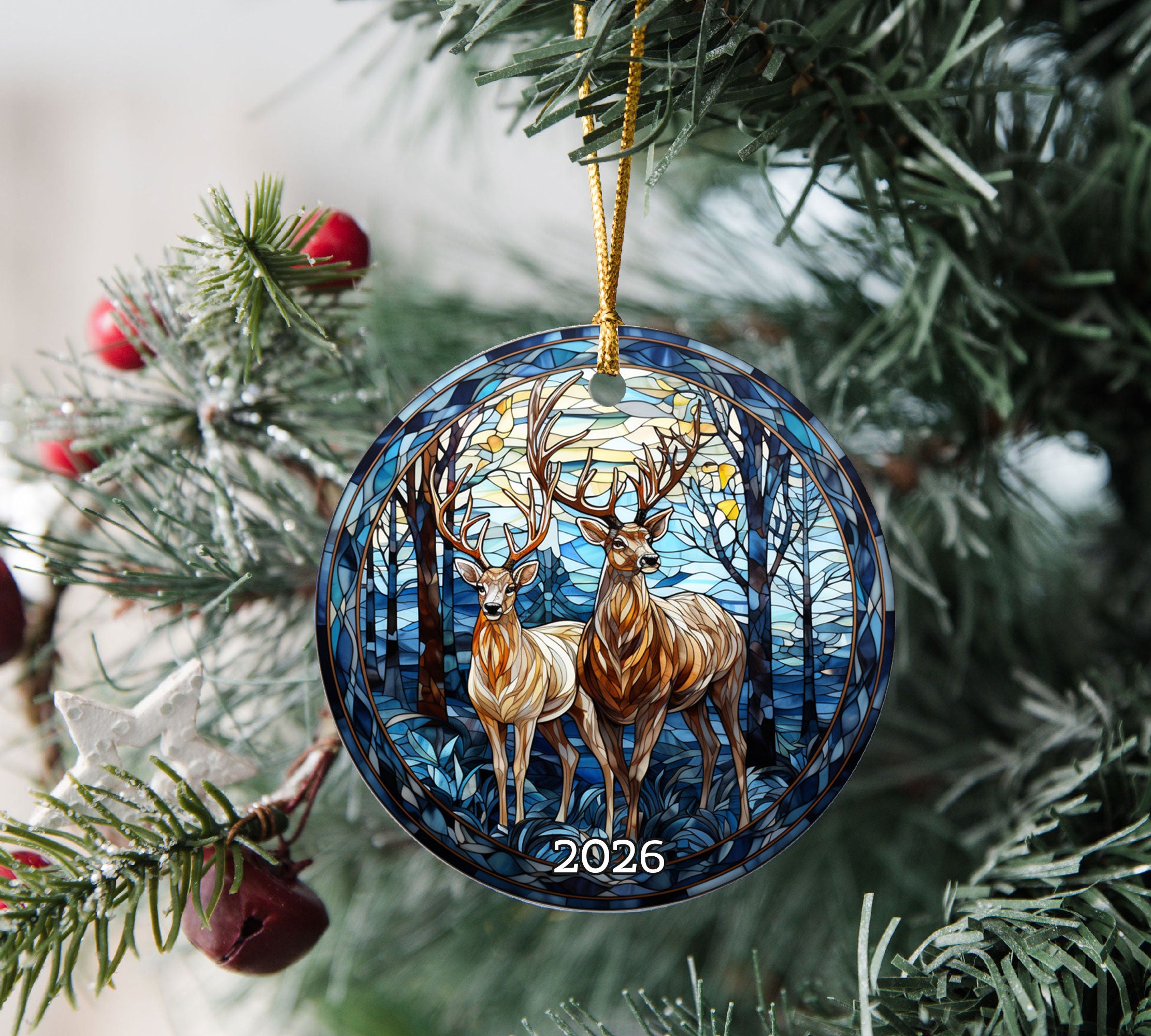 Stained Glass Deer Couple Christmas Ornament 2026, Buck and Doe Ornament, Woodland Christmas Tree Decor