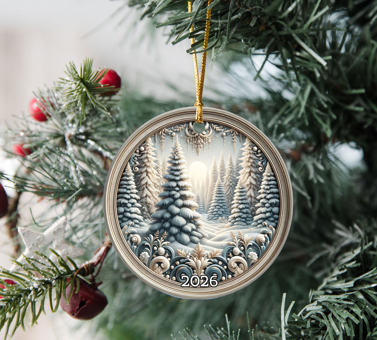 Winter Forest Christmas Ornament 2026, Snowy Pine Tree Ornament, Winter Wonderland Decor, Christmas Tree Decoration, Holiday Gift Keepsake