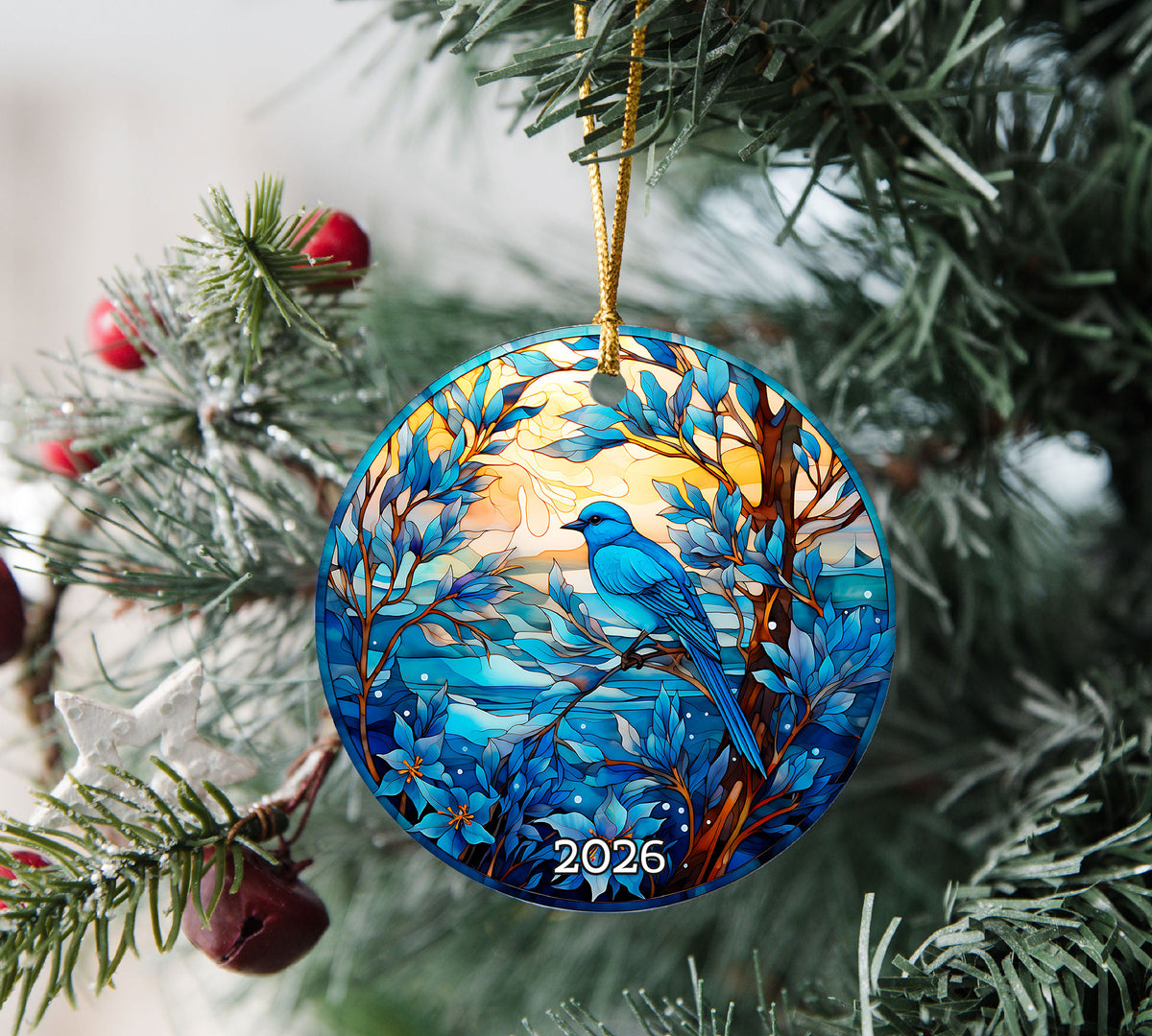 Blue Bird Christmas Ornament 2026, Stained Glass Style Bird Ornament, Winter Bird Tree Decor, Nature Lover Gift, Blue Songbird Keepsake, Holiday Ornament
