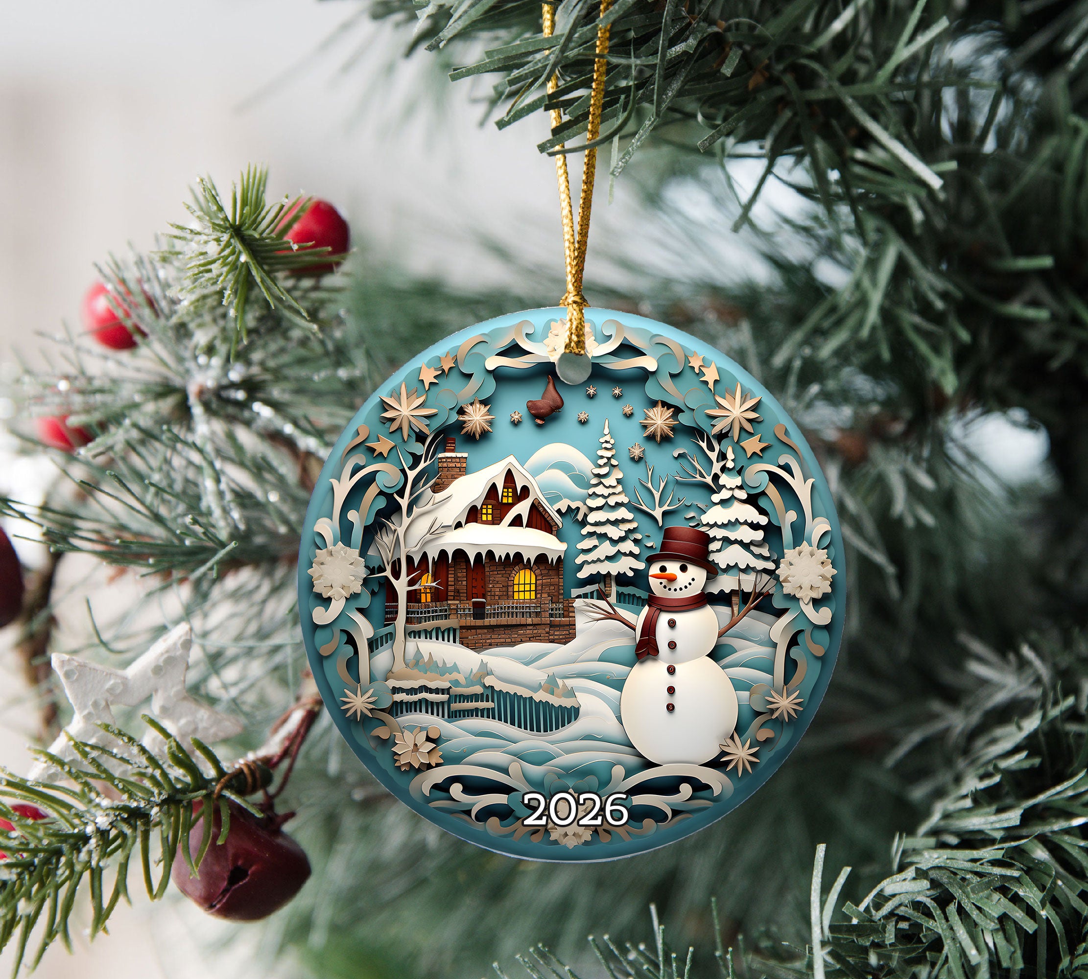Cozy Snowman Cabin Ornament 2026, Christmas Ornament Gift, Holiday Tree Decoration, Seasonal Keepsake, Winter Home Decor