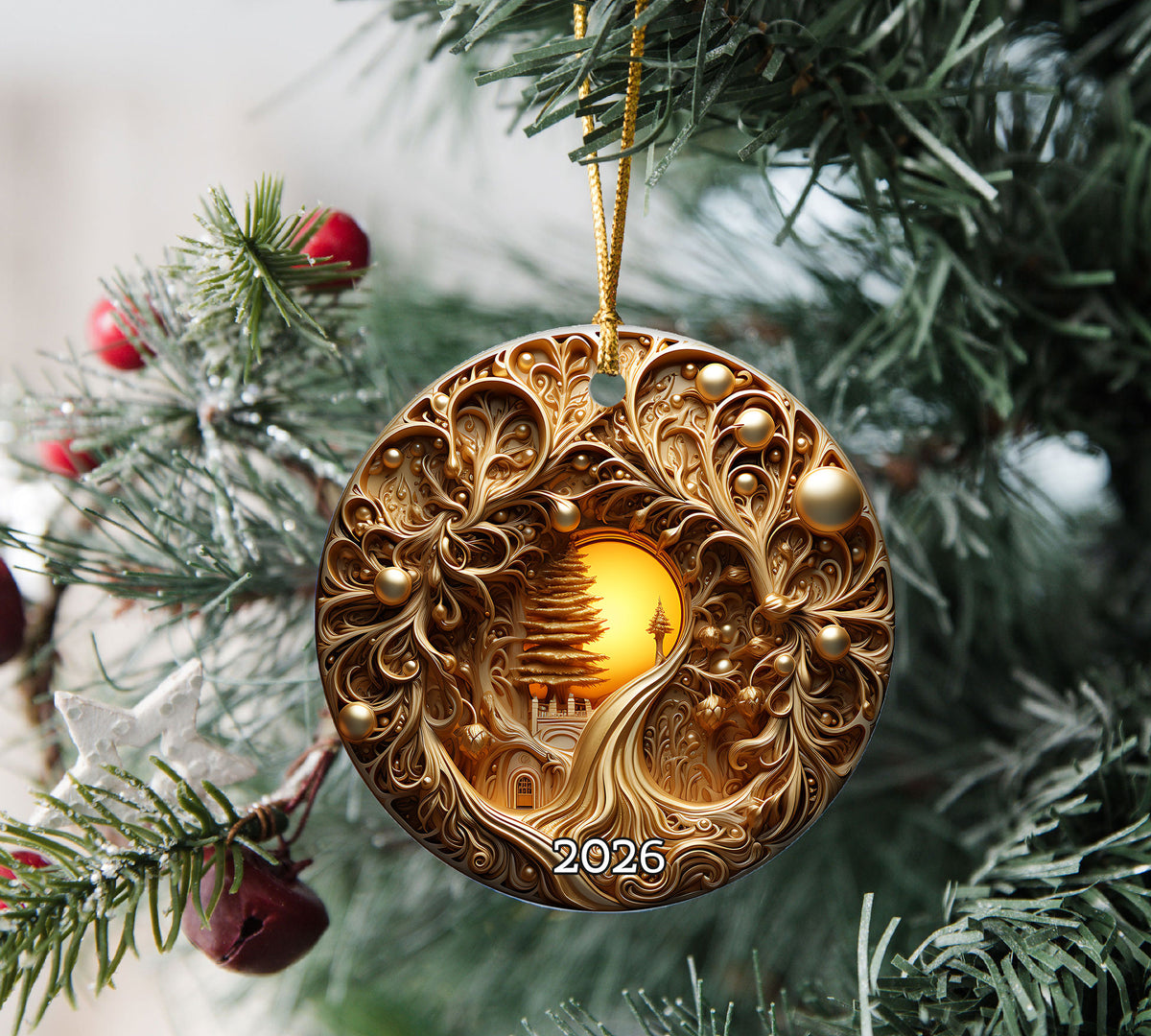 2026 Golden Tree of Life Ornament, Luxury Christmas Ornament, Ornate Gold Holiday Decor, Elegant Xmas Tree Decoration, Keepsake Gift