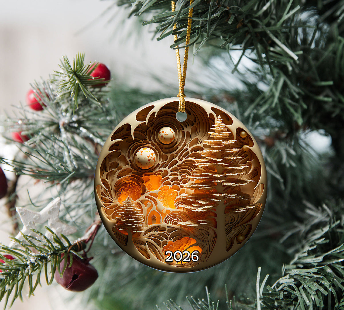 2026 Enchanted Golden Forest Ornament, Fantasy Christmas Tree Ornament, Woodland Holiday Decor, Elegant Gold Keepsake, Magical Xmas Gift