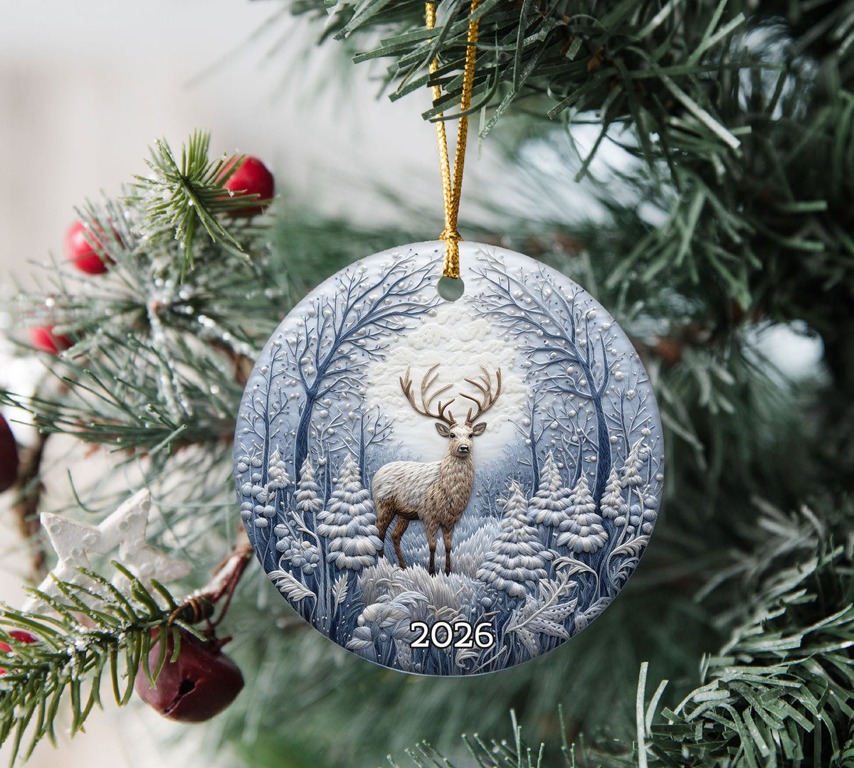 Christmas Ornament 2026, Deer Paper Cut Style Ornament, Snow Forest Keepsake Gift, Holiday Decor, Winter Christmas Decoration