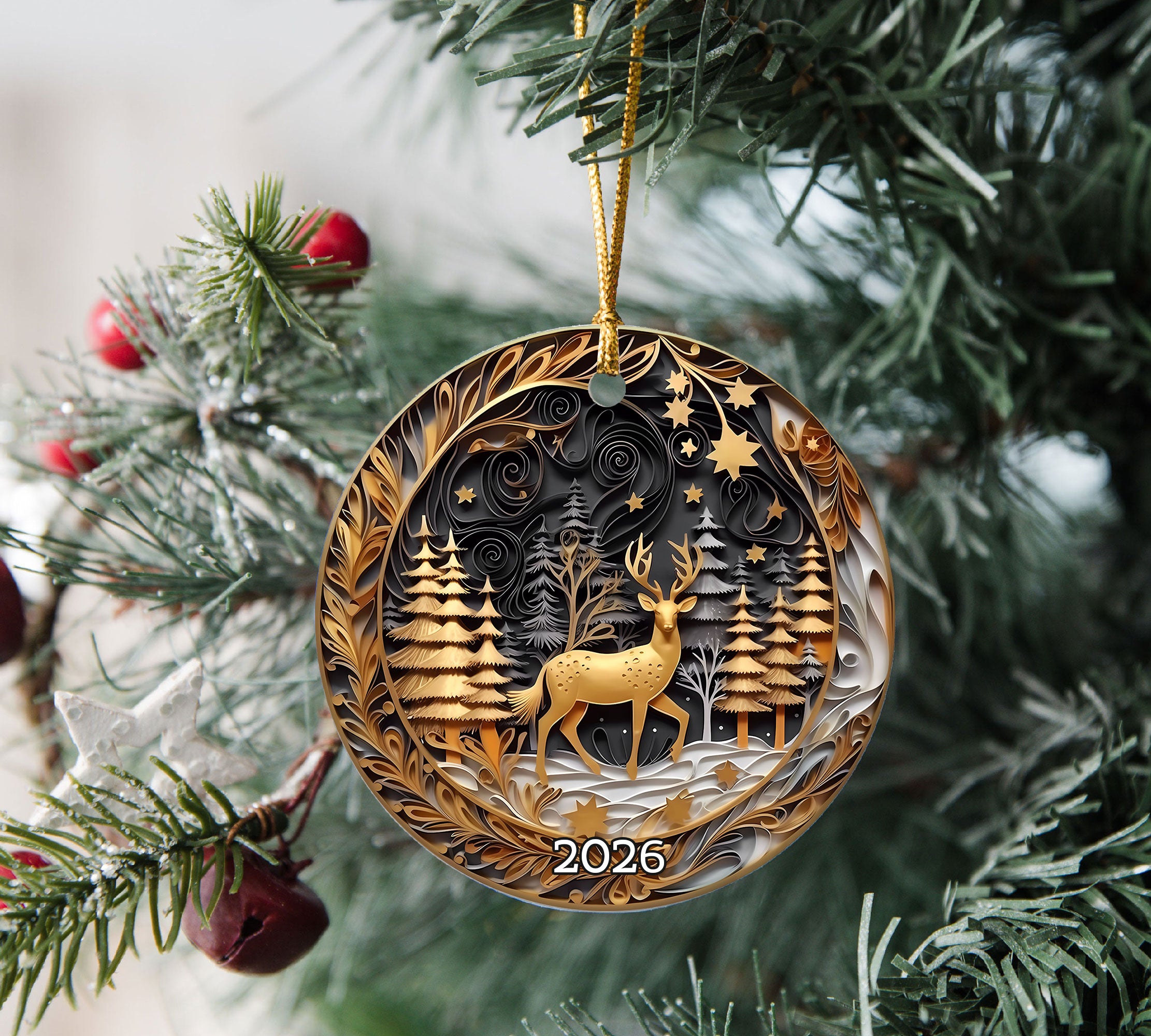 Golden Deer Ornament, Christmas Tree Ornament 2026, Christmas Ornament, Holiday Decoration