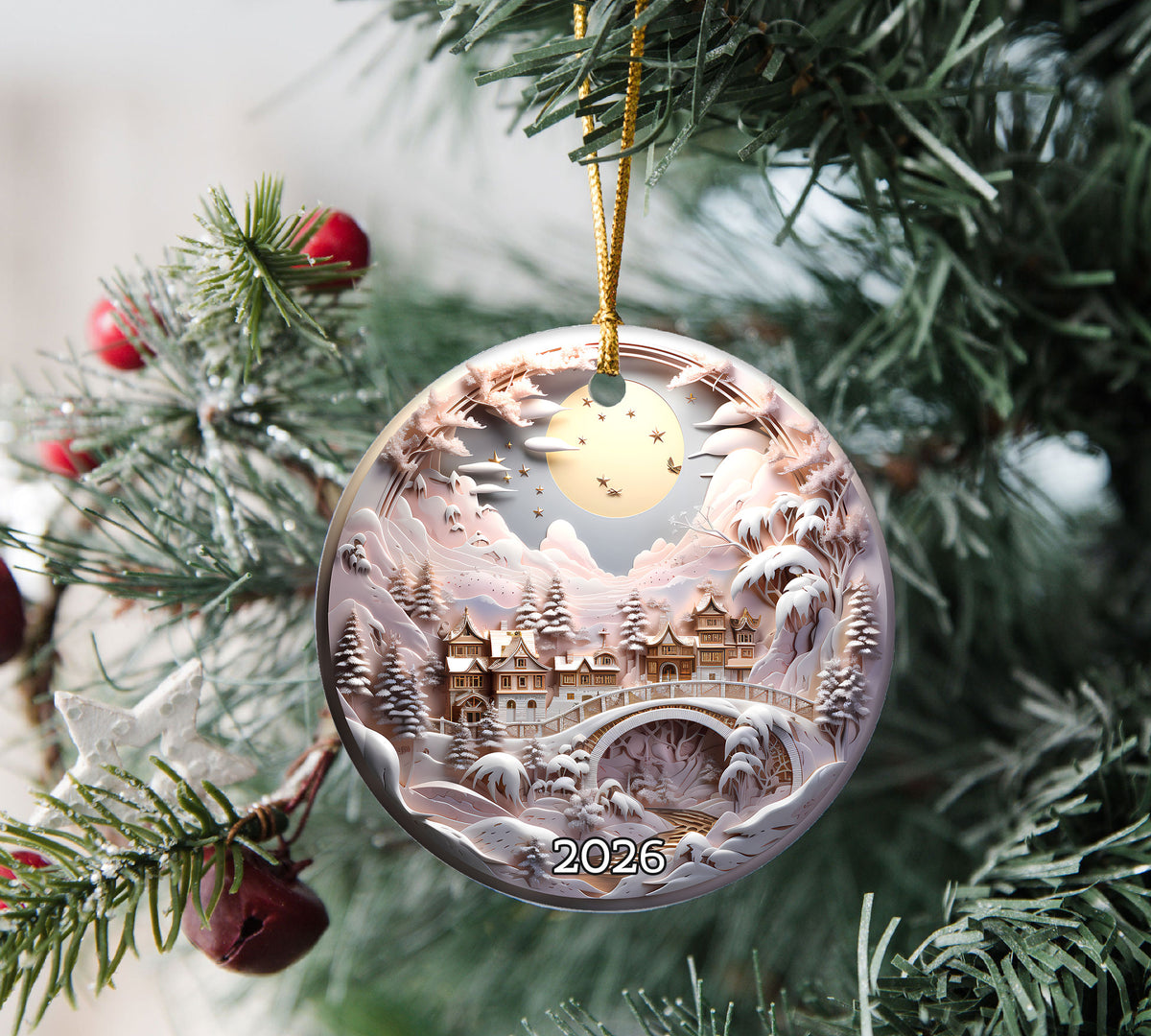 Snowy Castle Christmas Ornament 2026, Fairytale Pink Landscape Ceramic Ornament, Fantasy Holiday Tree Decor, Winter Christmas Keepsake Gift