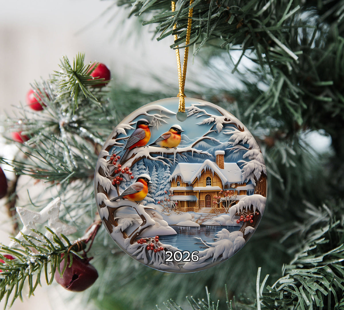 Winter Birds Christmas Ornament 2026, Snowy Cardinal Bird Cottage Ceramic Ornament, Rustic Cabin Holiday Tree Decor