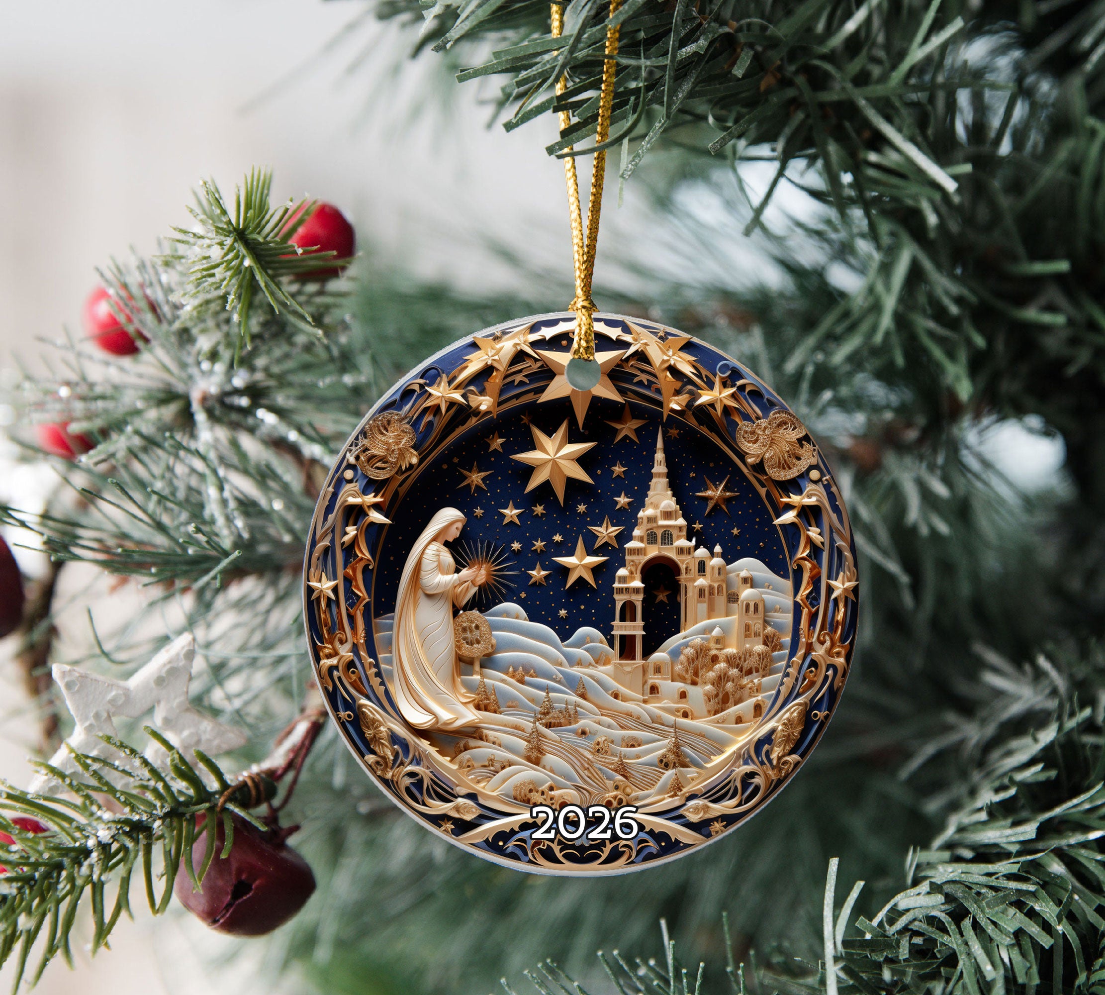 Religious Christmas Ornament 2026, Nativity Star Ceramic Ornament, Holy Night Christian Christmas Tree Decor