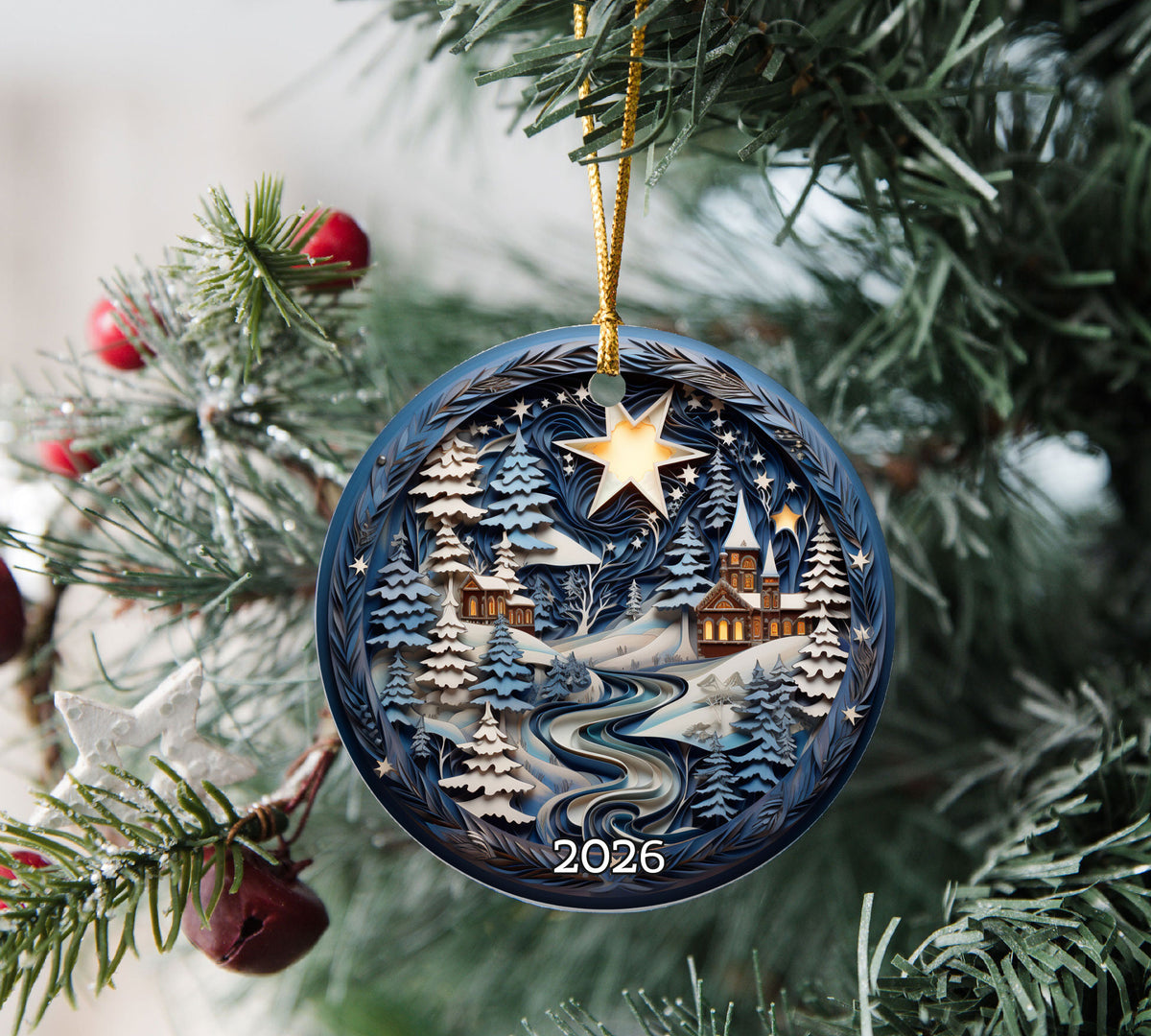 Cozy Winter Cabin Ornament 2026, Christmas Tree Decoration, Ceramic Holiday Ornament, Xmas Keepsake