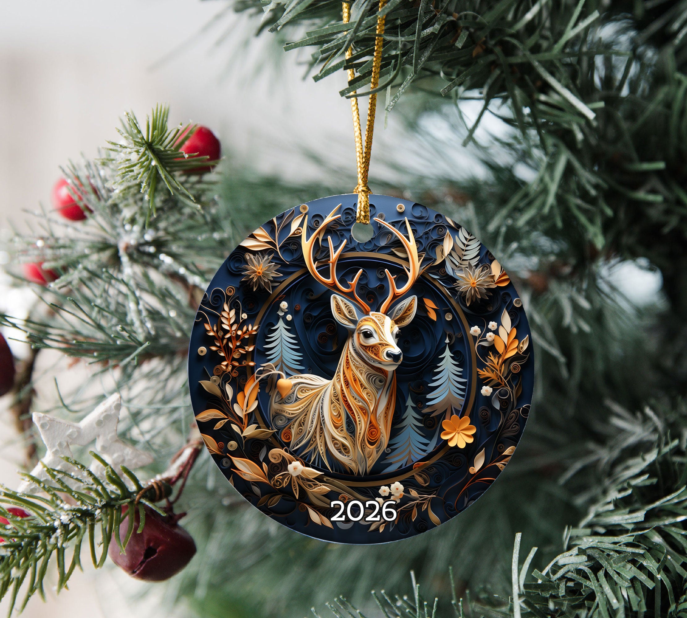 Majestic Deer Ornament 2026, Woodland Christmas Ceramic Ornament, Rustic Holiday Tree Decoration, Christmas Keepsake Gift for Family