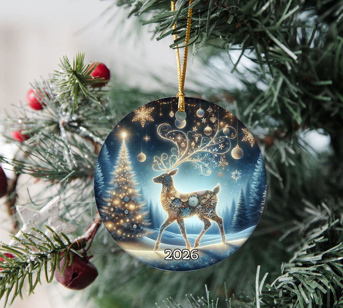 Elegant Deer Ornament 2026, Christmas Ceramic Ornament, Woodland Tree Decoration, Rustic Holiday Keepsake Gift for Family and Friends