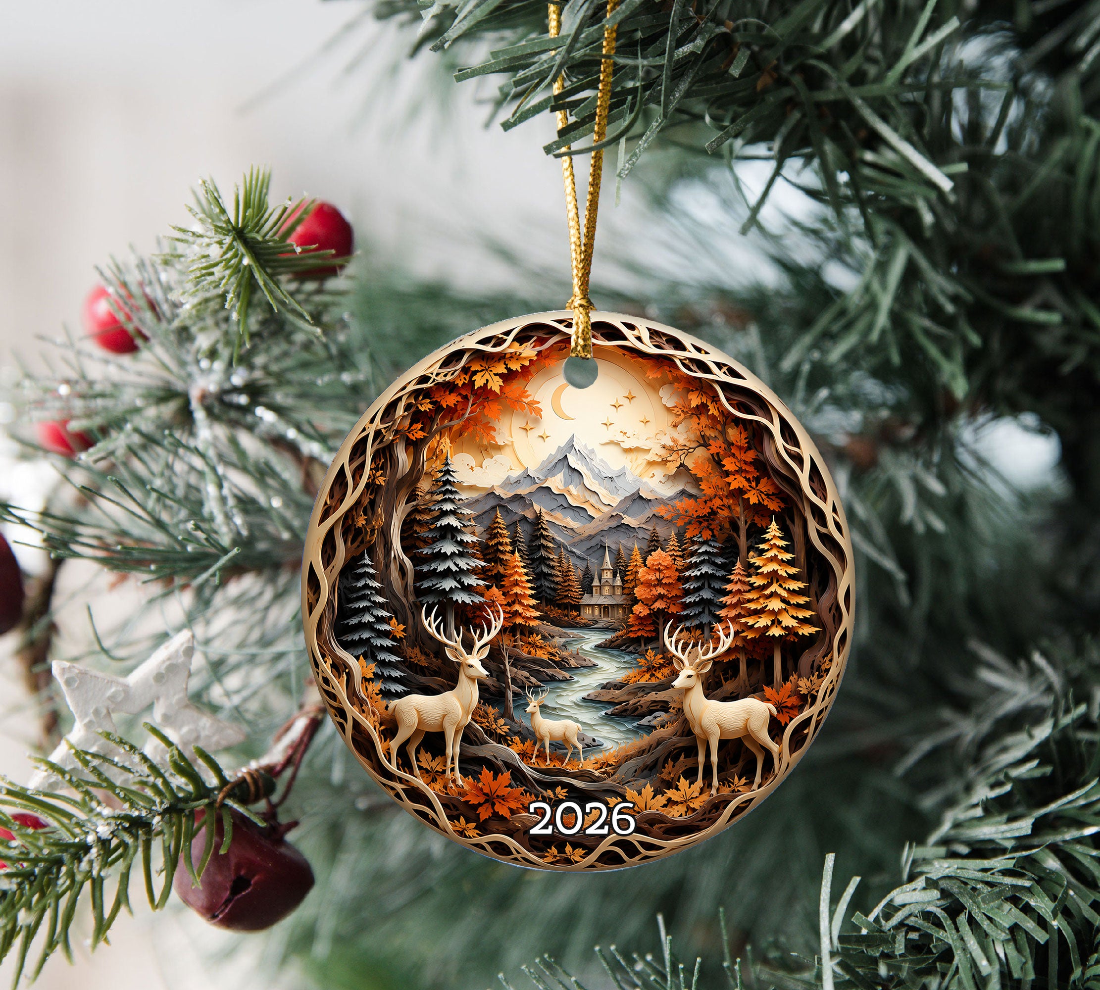 Christmas Deer Ornament 2026, Woodland Forest Christmas Tree Decor, Rustic Holiday Ornament, Winter Cabin Scene