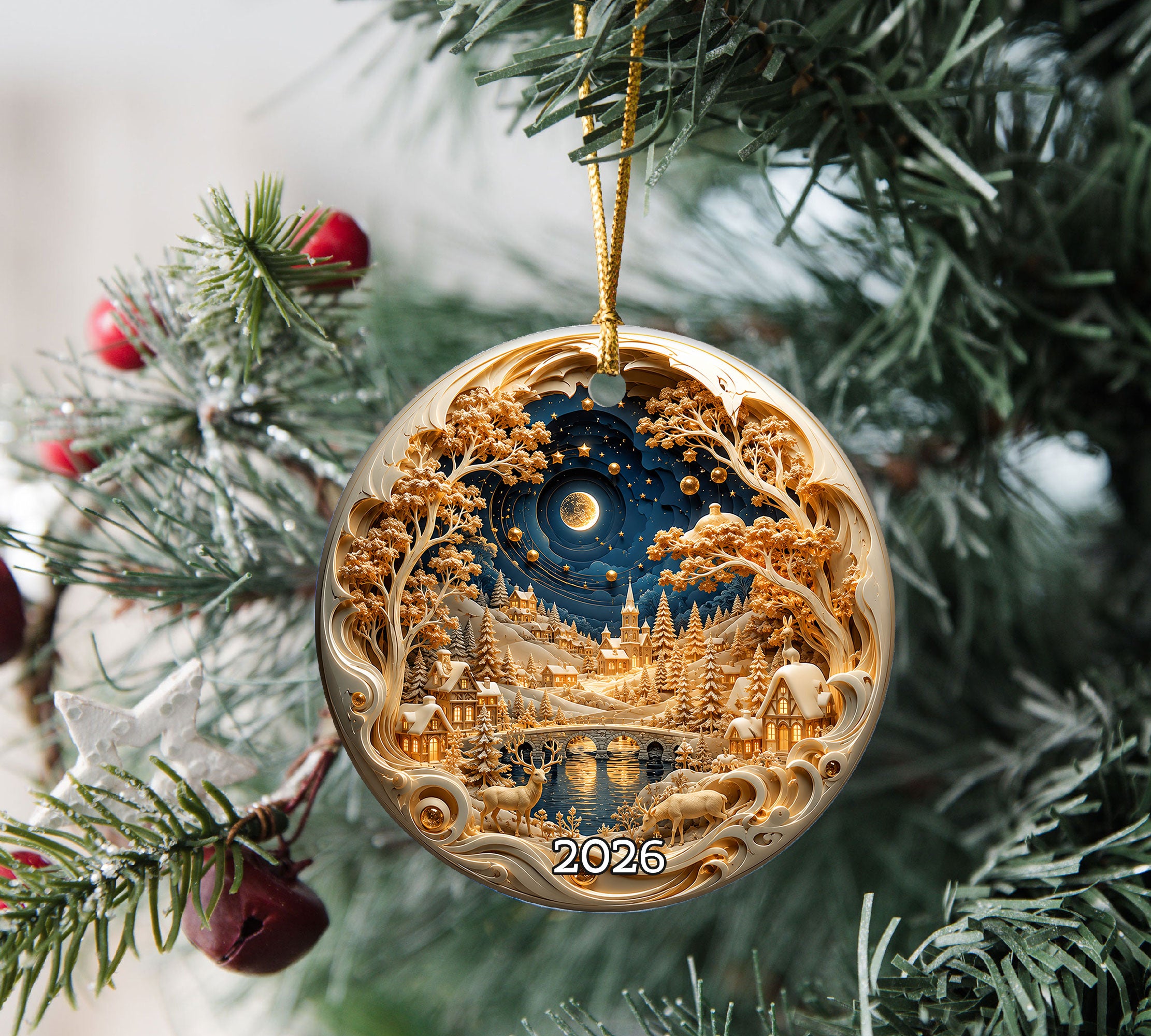 Holiday Village Ornament 2026, Christmas Village Decoration, Winter Snow Scene Ornament, Christmas Keepsake