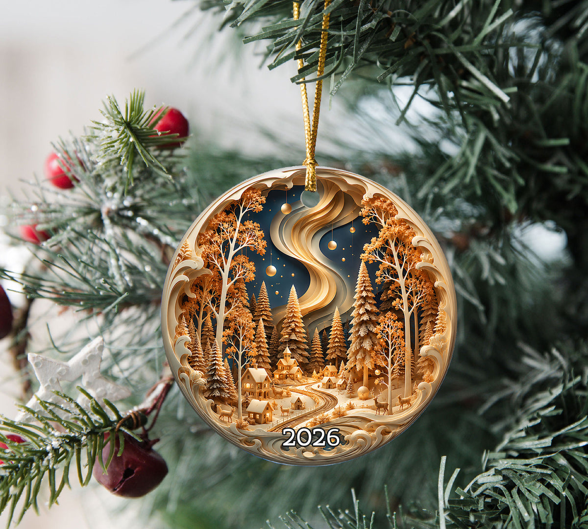 Christmas Ornament 2026, Winter Village Landscape, Snowy Christmas Tree Decoration, Holiday Keepsake Ornament
