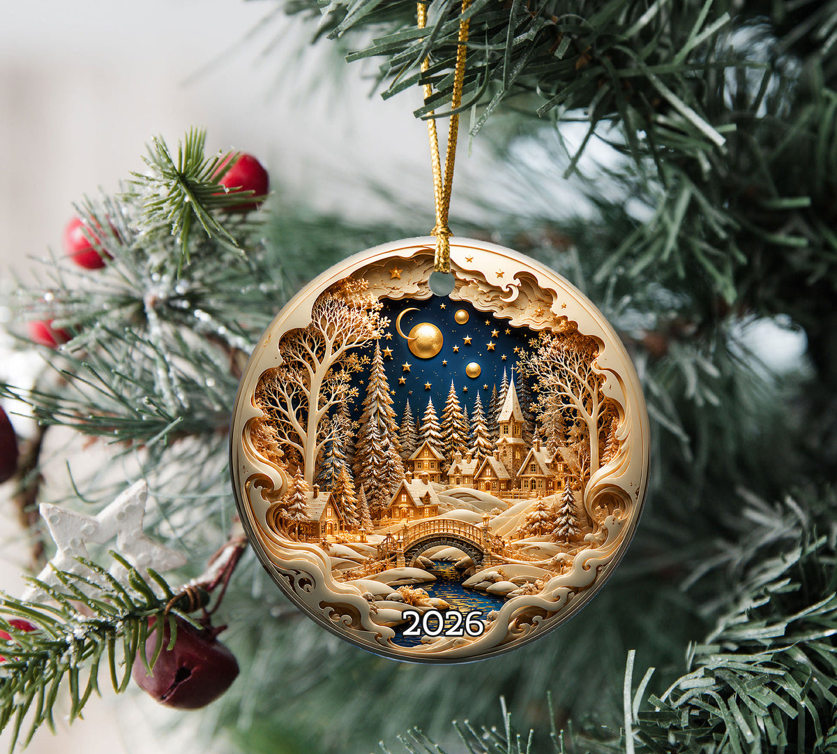 Christmas Village Decor Ornament 2026, Snowy Winter Christmas Scene, Holiday Tree Decoration, Keepsake Ornament