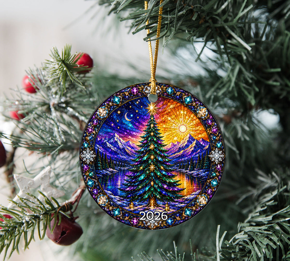 Christmas Ornament 2026, Colorful Christmas Tree Decor, Winter Holiday Ornament, Mountain Lake Christmas Scene