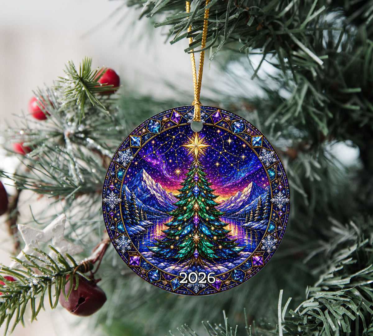 Christmas Tree Ornament 2026, Winter Mountain Landscape, Aurora Christmas Decor, Holiday Tree Decoration