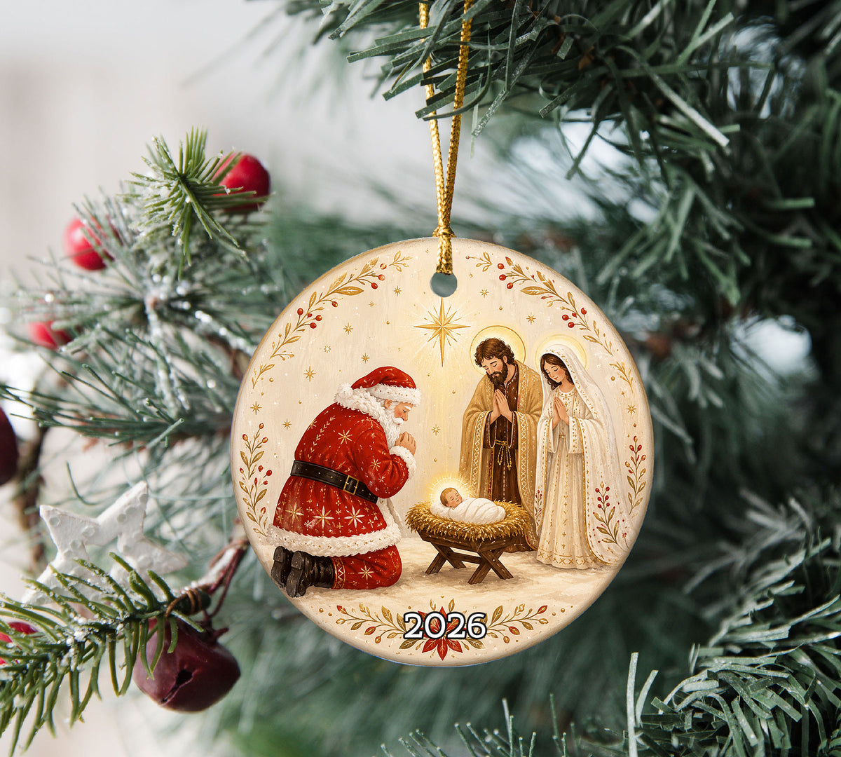 Nativity Christmas Ornament 2026, Santa and Baby Jesus Religious Ornament, Holy Family Christmas Tree Decor
