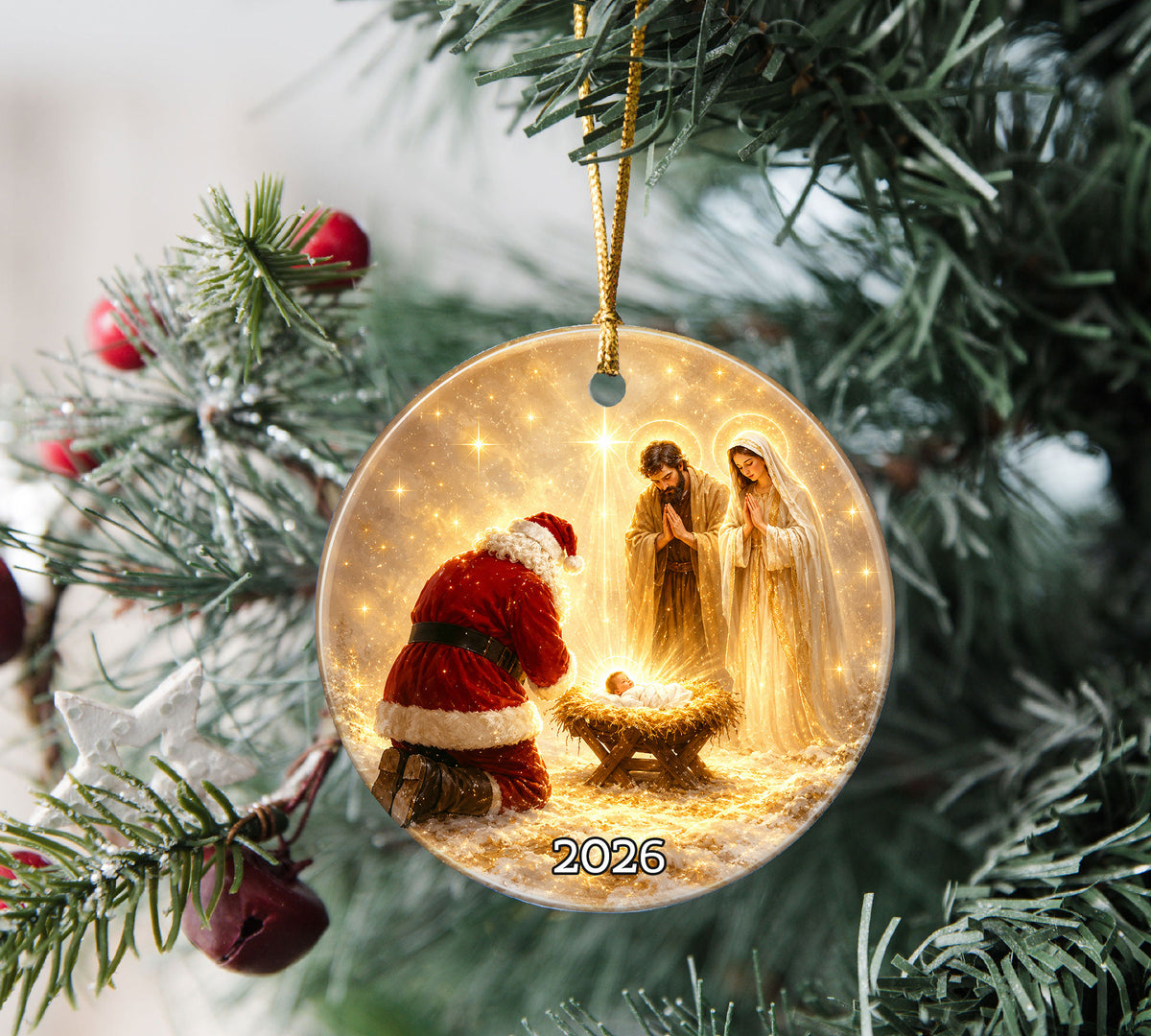 Religious Christmas Ornament 2026 with Santa and Nativity Scene, Baby Jesus Holy Family Christmas Tree Decoration, Christian Gift