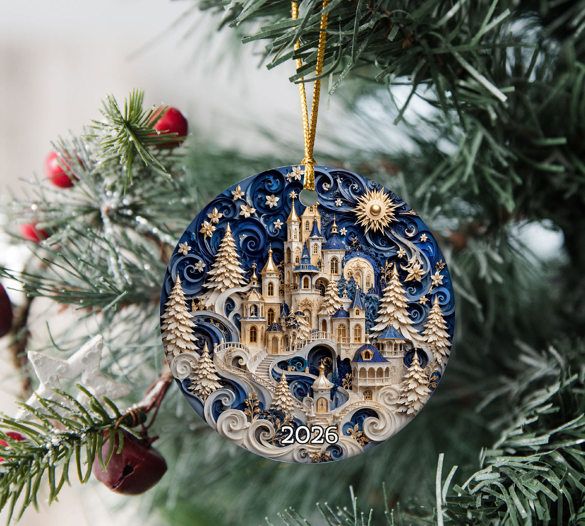 Christmas Castle Ornament 2026, Snowy Winter Village Decoration, Blue Holiday Tree Ornament, Christmas Keepsake Gift, Festive Home Decor