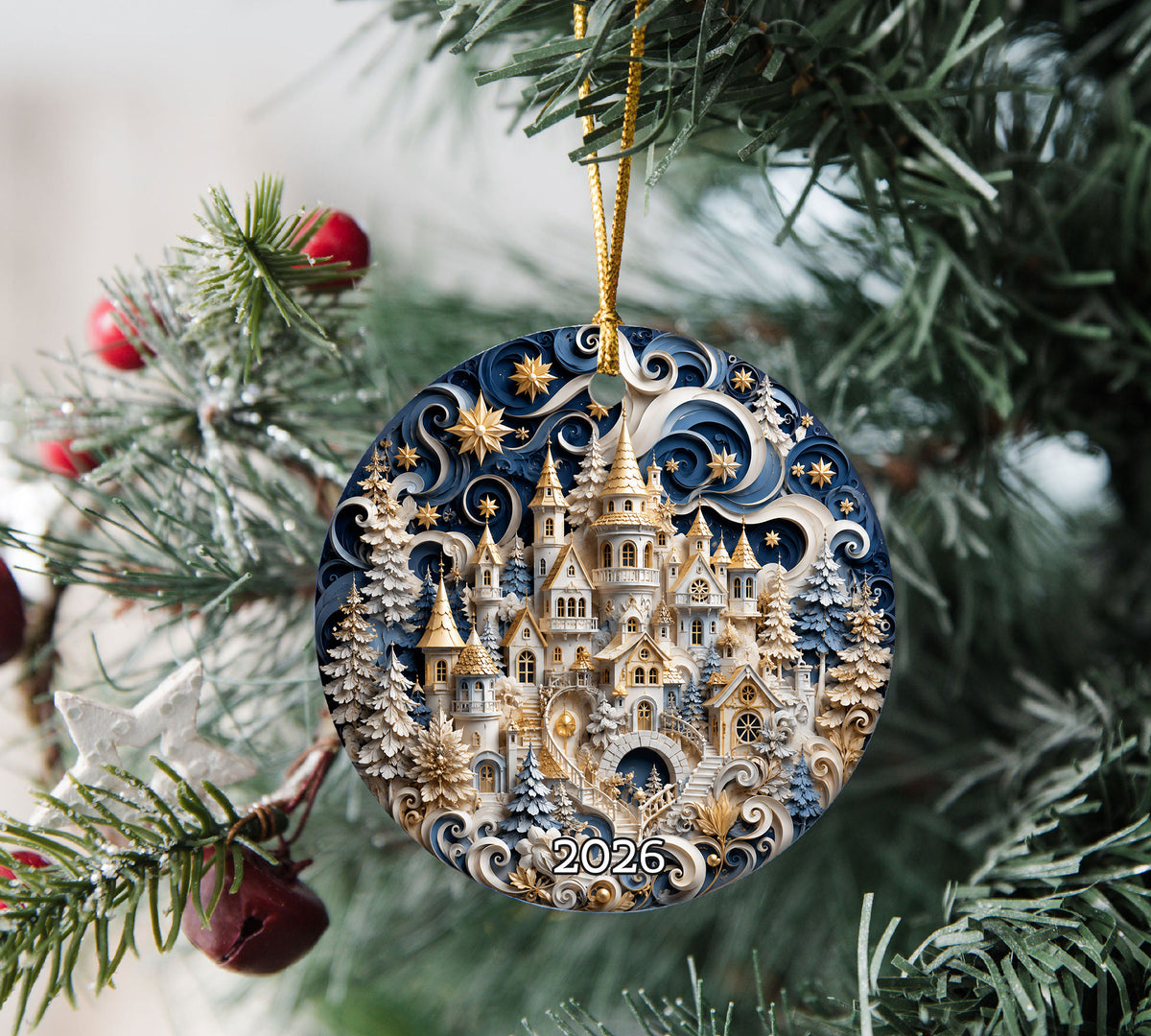 Blue Winter Christmas Ornament 2026, Snowy Castle Tree Ornament, Christmas Village Holiday Decoration