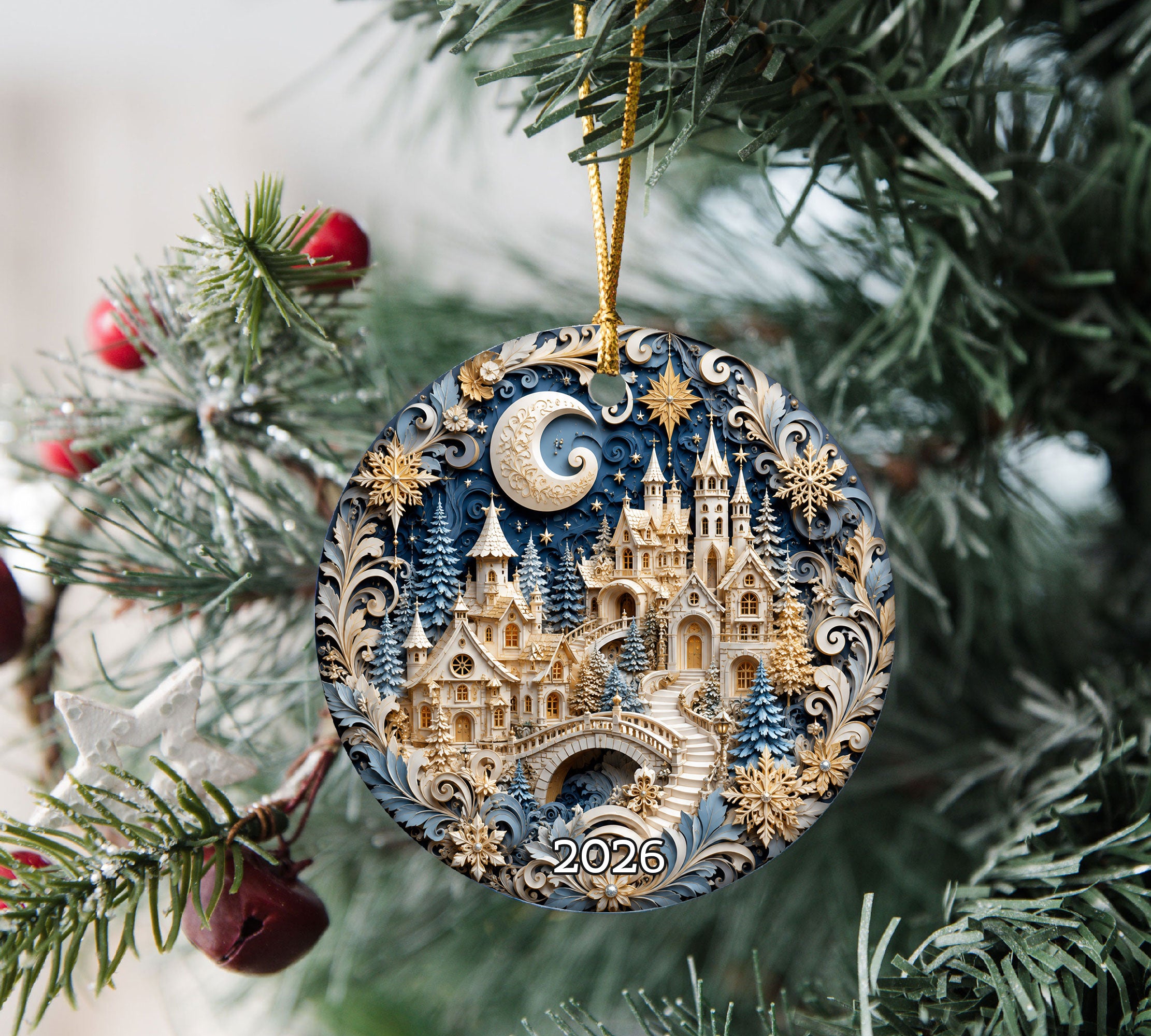 Snowy Christmas Village Ornament 2026, Blue Castle Christmas Tree Decor, Holiday Ornament Keepsake, Winter Christmas Gift for Loved Ones