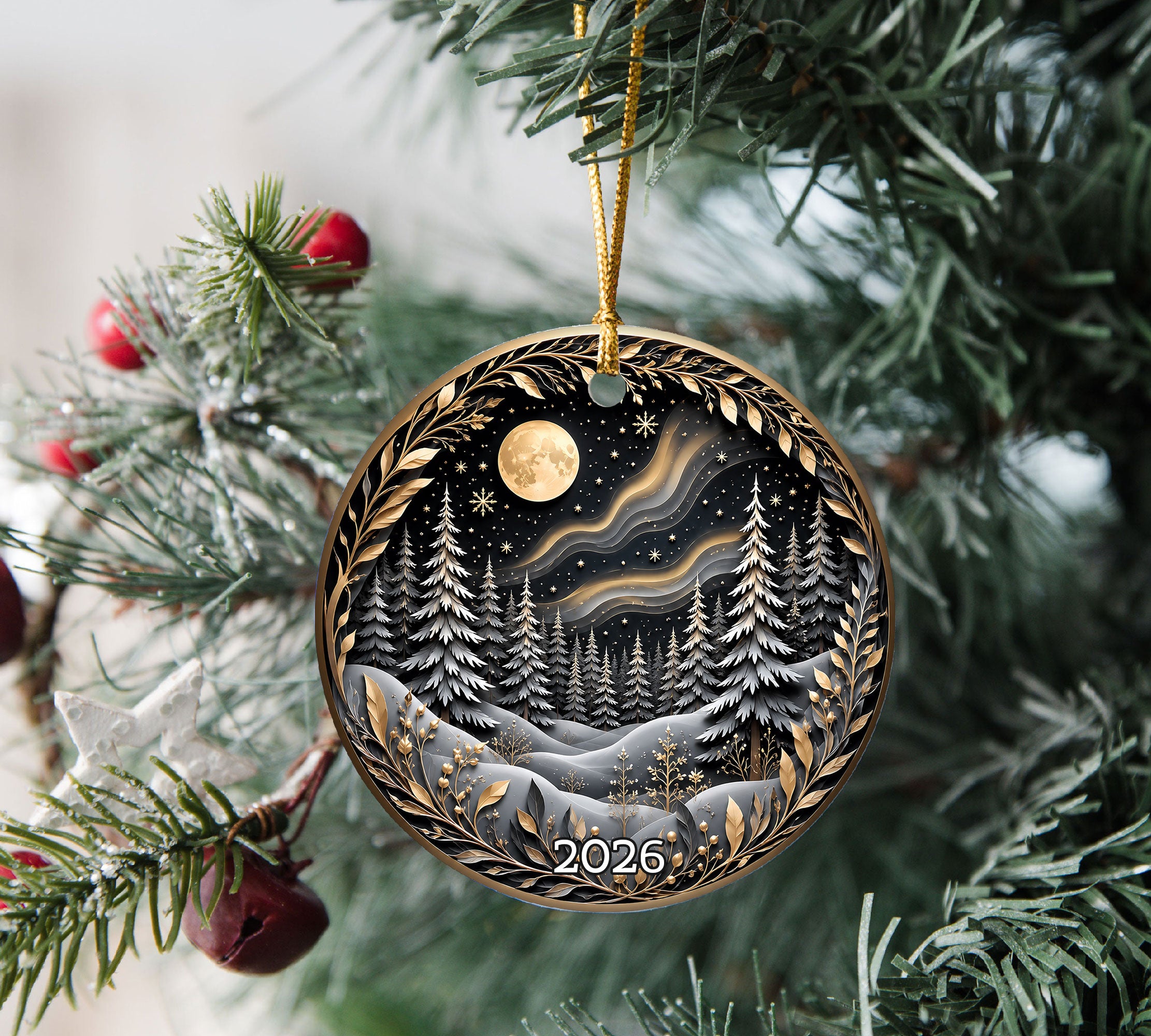 Christmas Tree Ornament 2026, Winter Forest Scence Ornament, Gold Black Christmas Decor, Holiday Keepsake Gift for Family and Friends