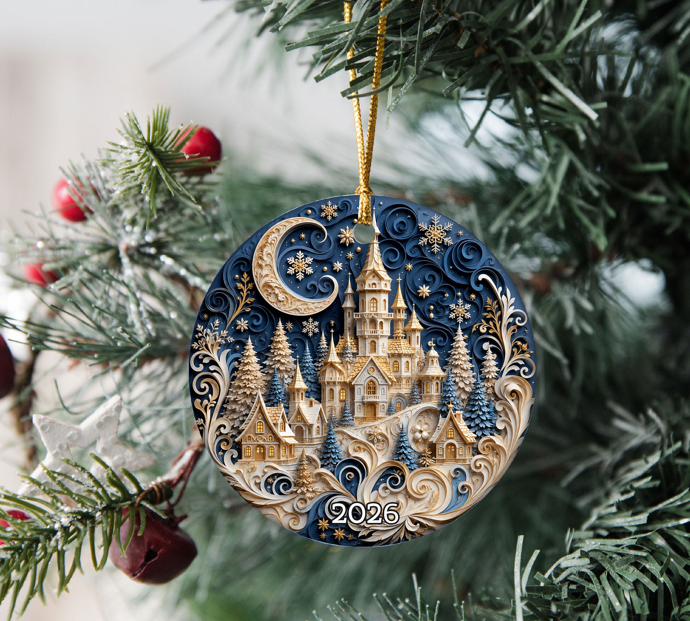 Blue Christmas Castle Ornament 2026, Winter Castle Christmas Ornament, Snowy Village Tree Decor, Holiday Keepsake Gift