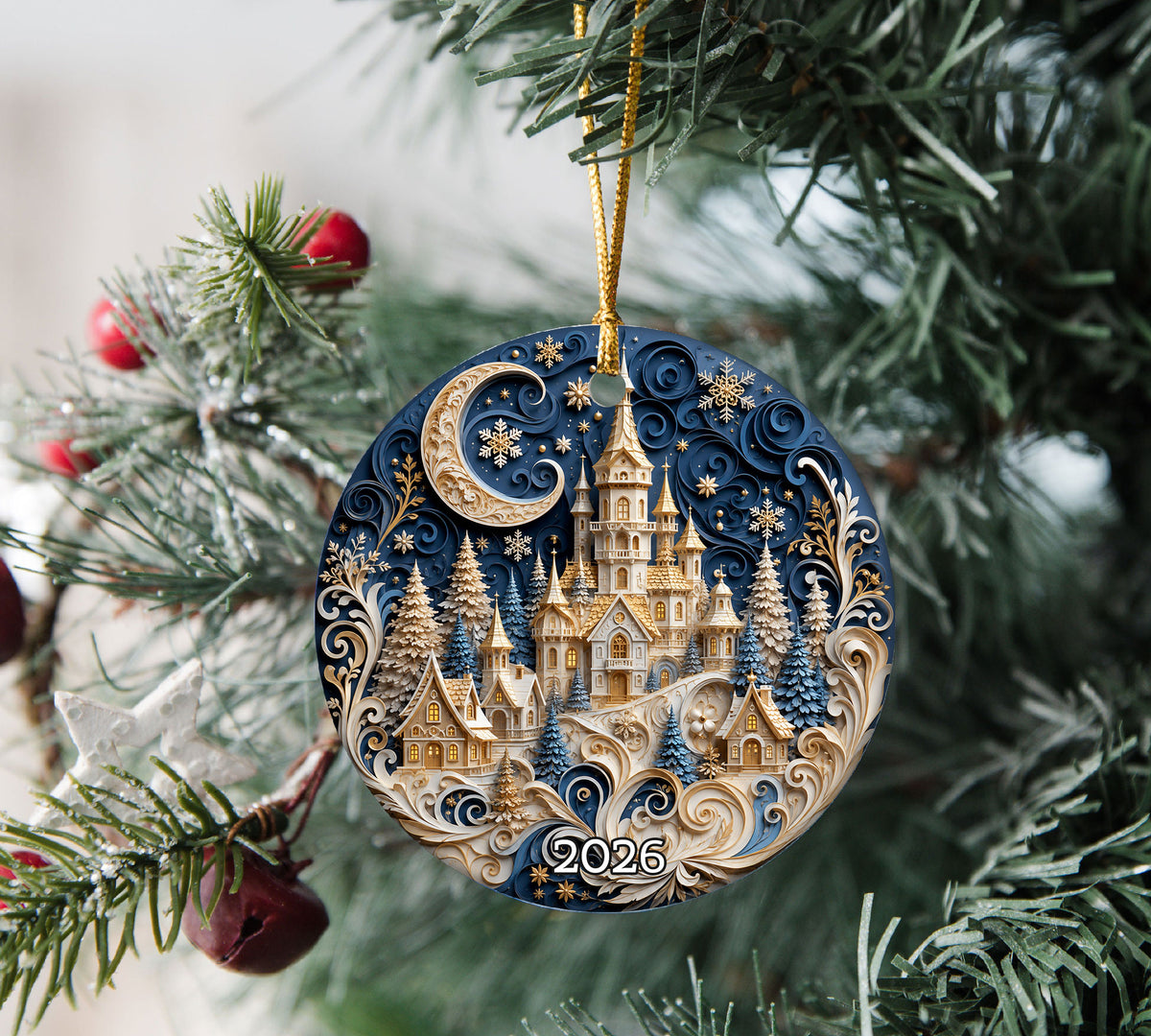Blue Christmas Castle Ornament 2026, Winter Castle Christmas Ornament, Snowy Village Tree Decor, Holiday Keepsake Gift