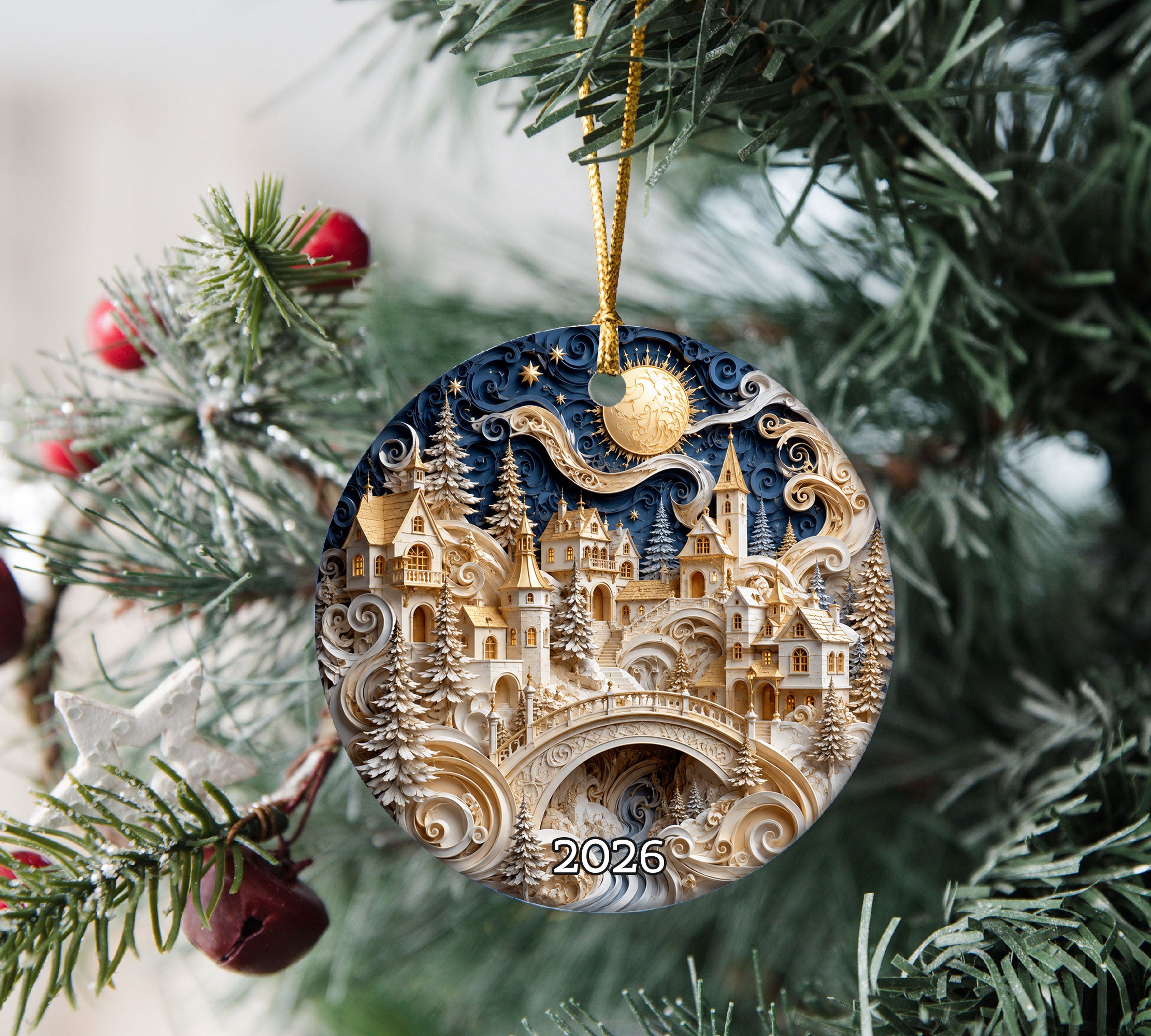 Winter Castle Christmas Ornament 2026, Blue and White Christmas Tree Ornament, Snowy Holiday Village Decor, Festive Keepsake Gift for Family