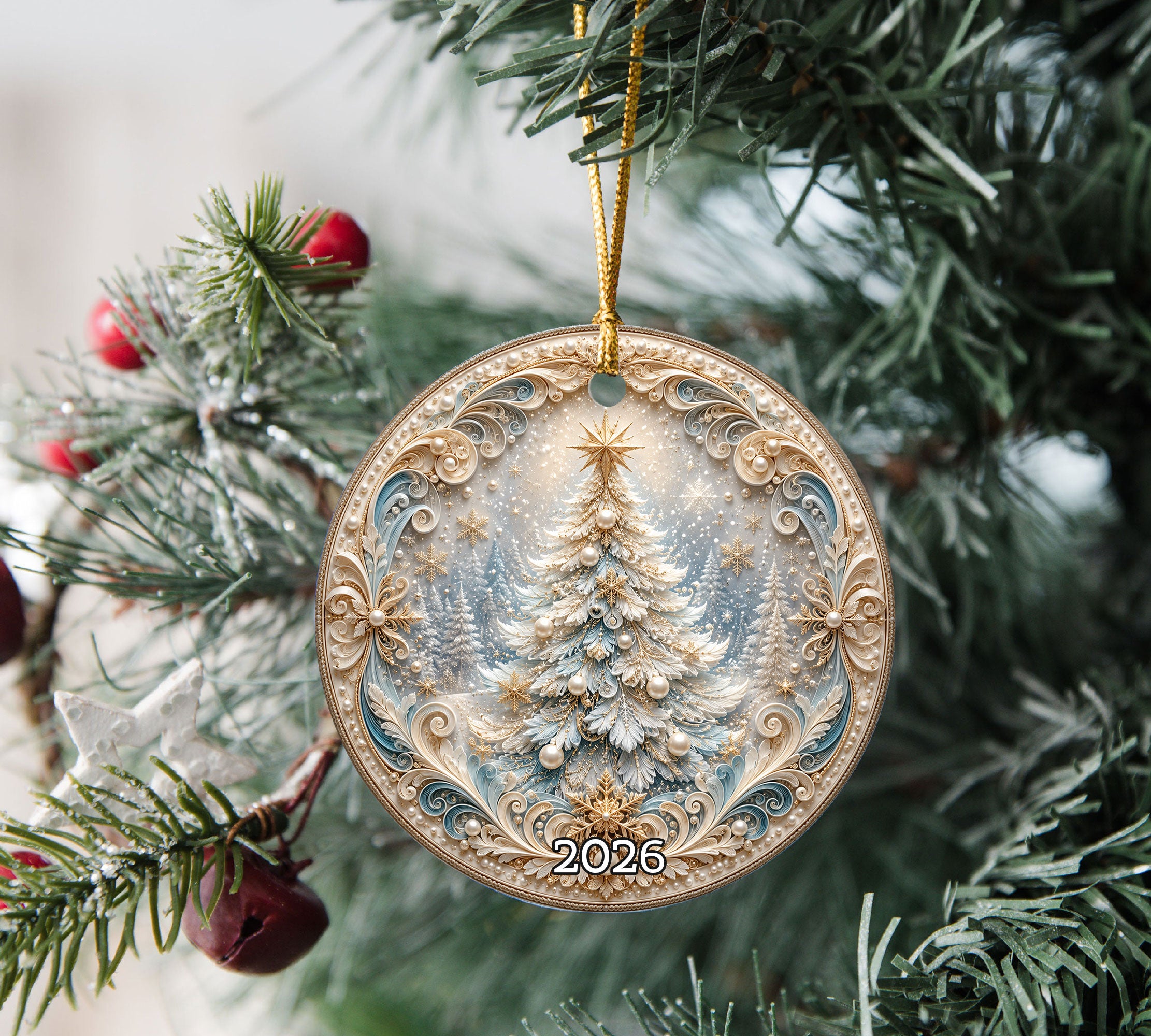 Snowy Christmas Tree Ornament 2026, Elegant White Christmas Ornament, Winter Holiday Decoration, Christmas Tree Keepsake
