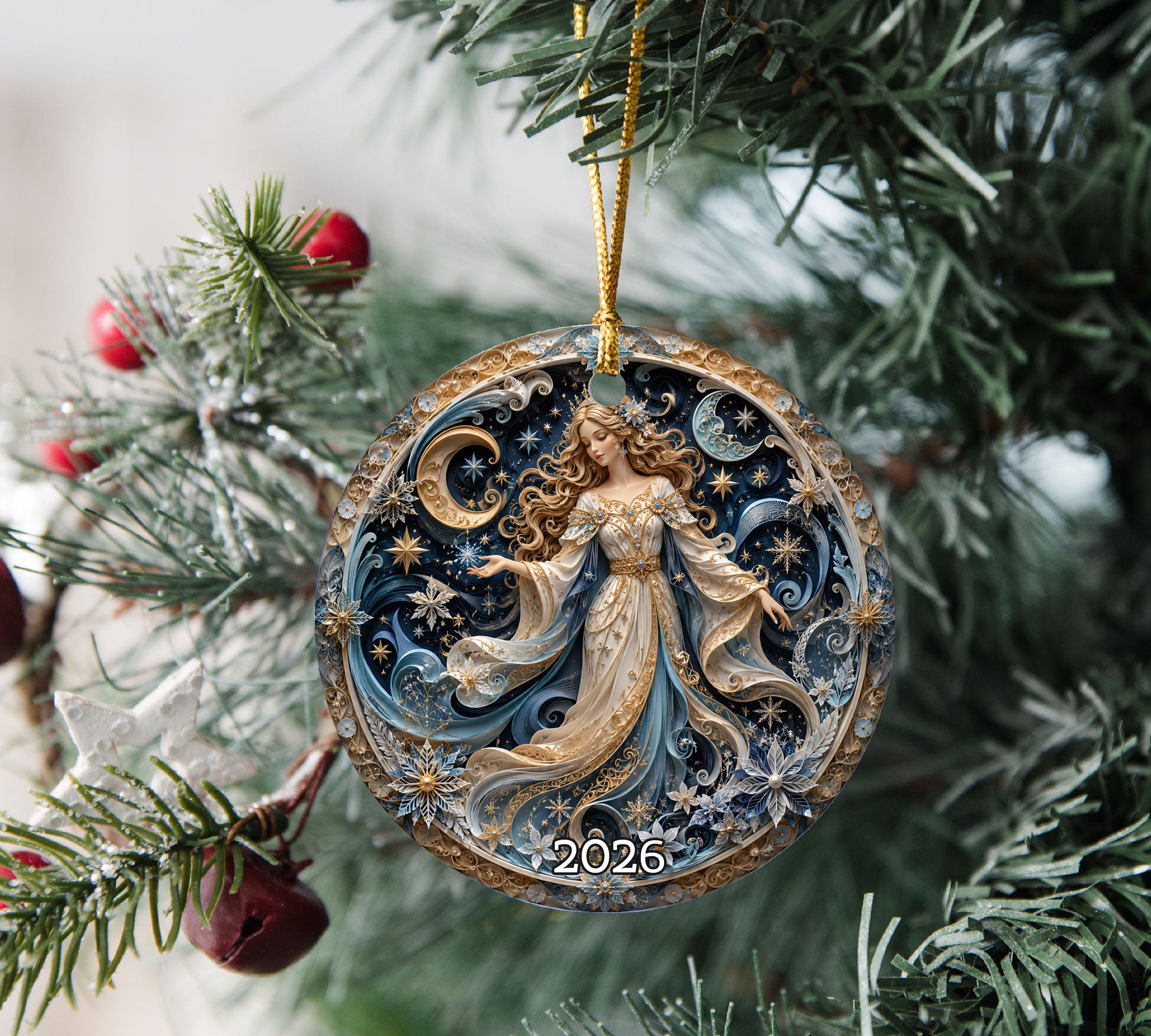 Celestial Angel Ornament 2026, Moon and Stars Christmas Ornament, Elegant Winter Fairy Tree Decor, Holiday Keepsake Gift
