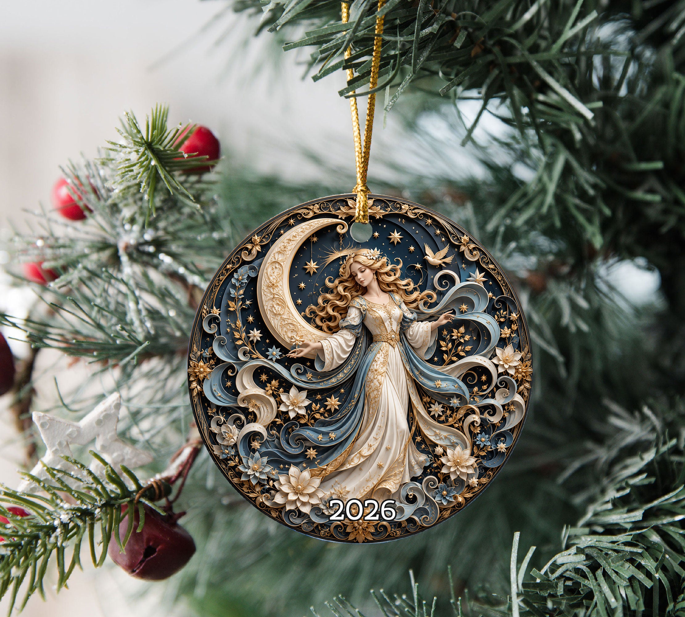 Elegant Christmas Ornament 2026, Angel with Moon and Stars Ornament, Holiday Tree Decoration