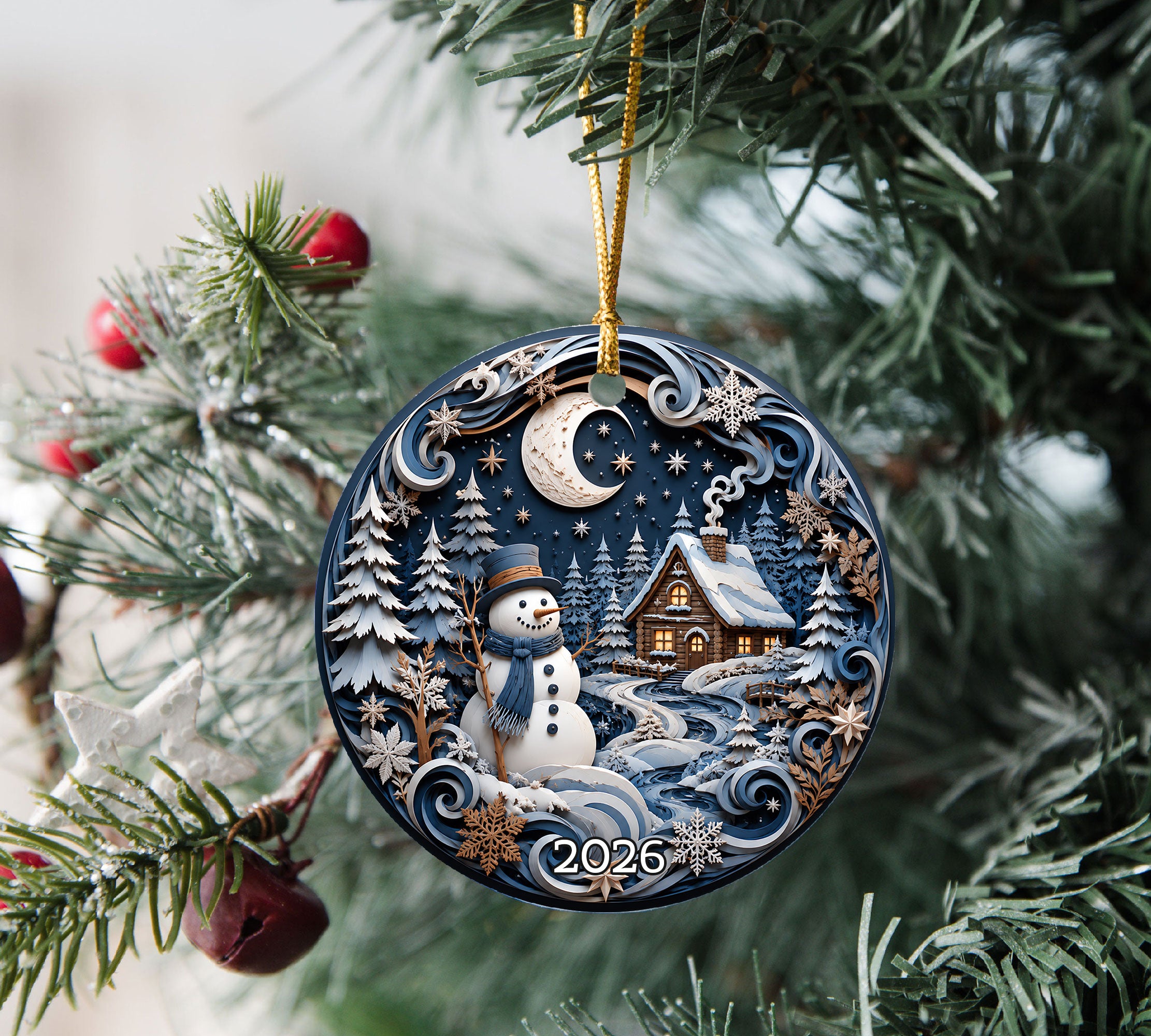 2026 Christmas Ornament with Snowman, Winter Village Christmas Tree Ornament, Ceramic Holiday Decoration