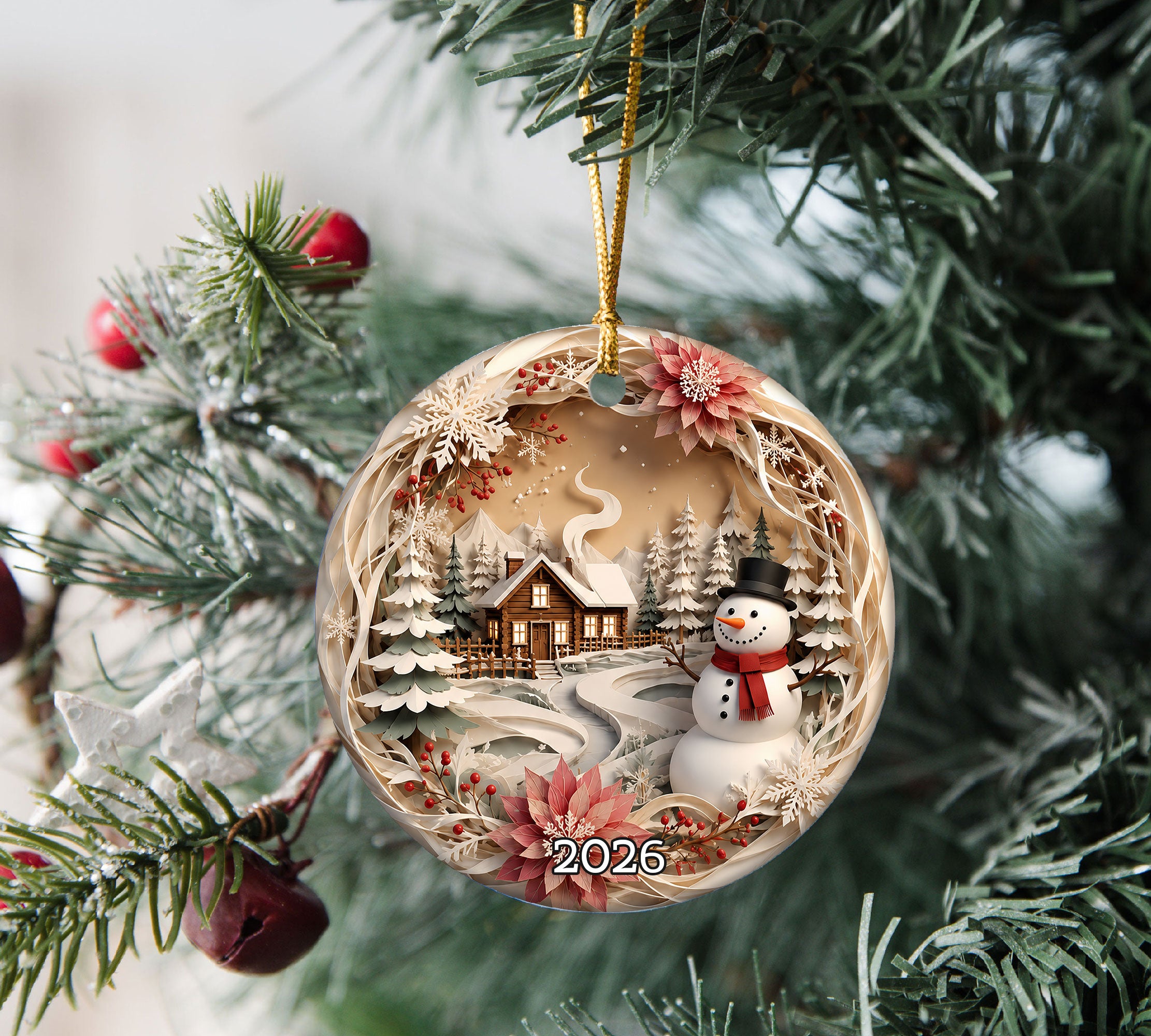 Winter Village Christmas Ornament 2026, Snowman Tree Ornament, Holiday Christmas Decoration