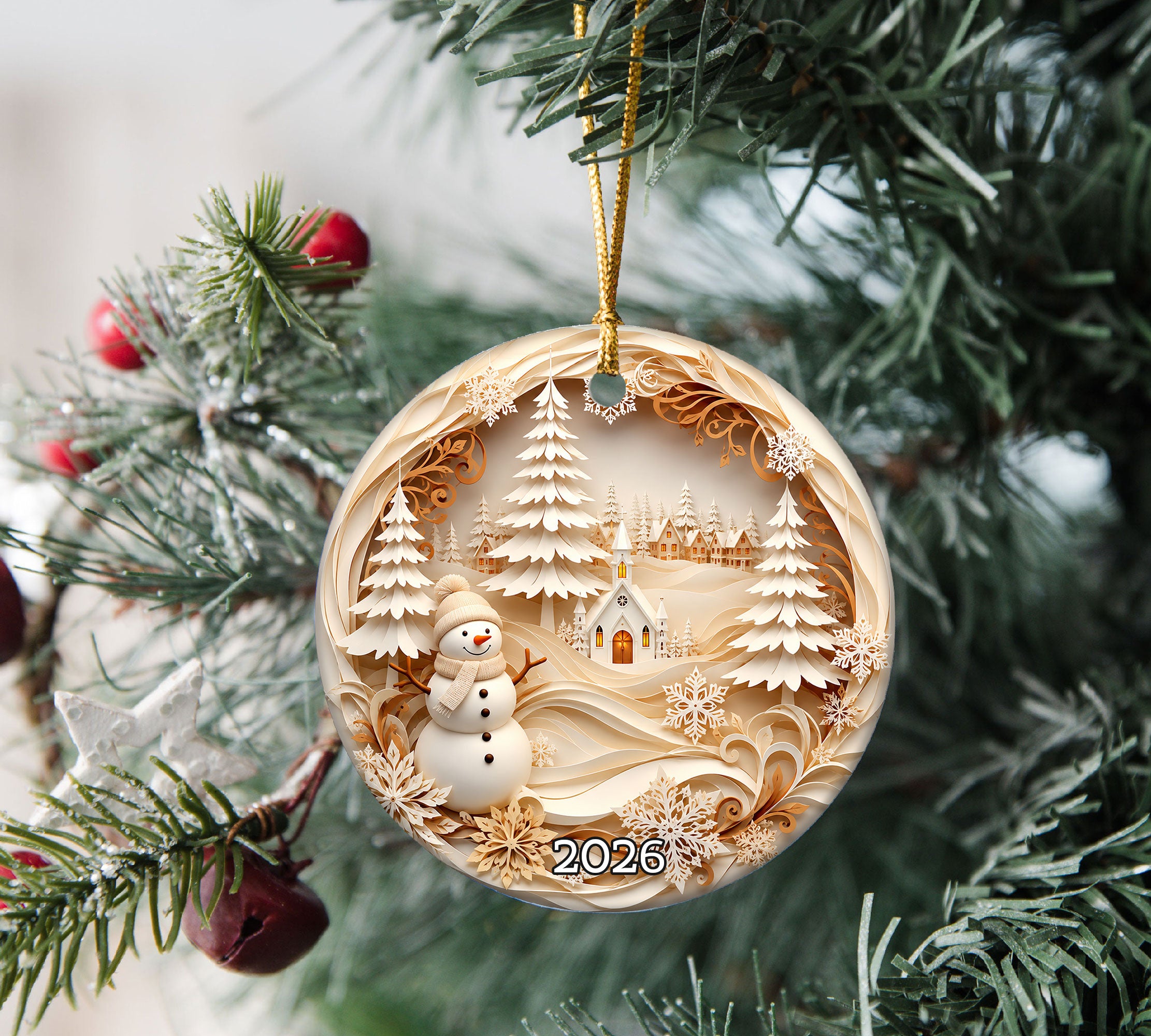 Winter Village Tree Ornament 2026, Snowman Christmas Ornament, Holiday Keepsake Decoration