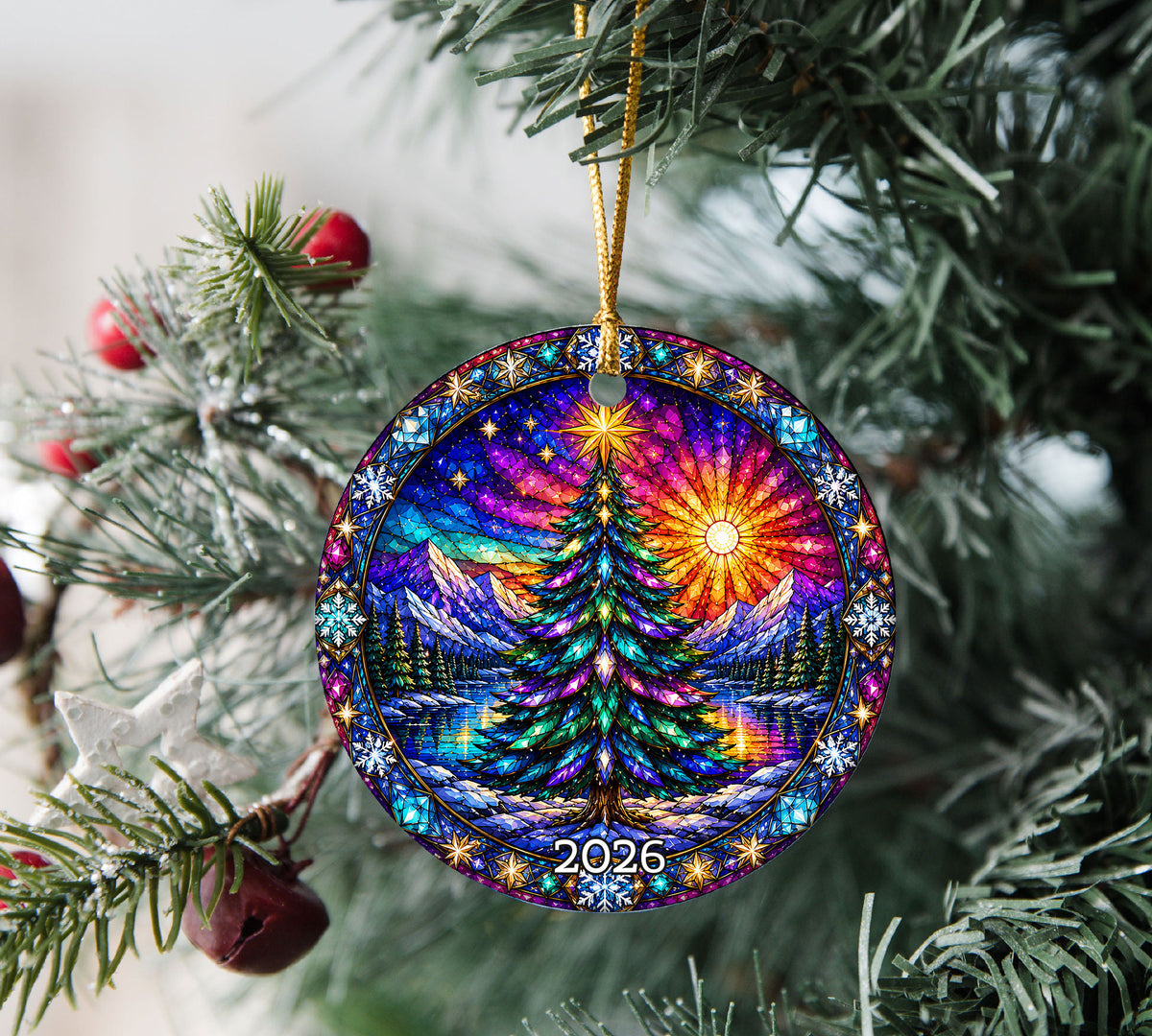 Colorful Stained Glass Christmas Tree Ornament 2026, Winter Mountain Lake Suncatcher Style, Holiday Decor