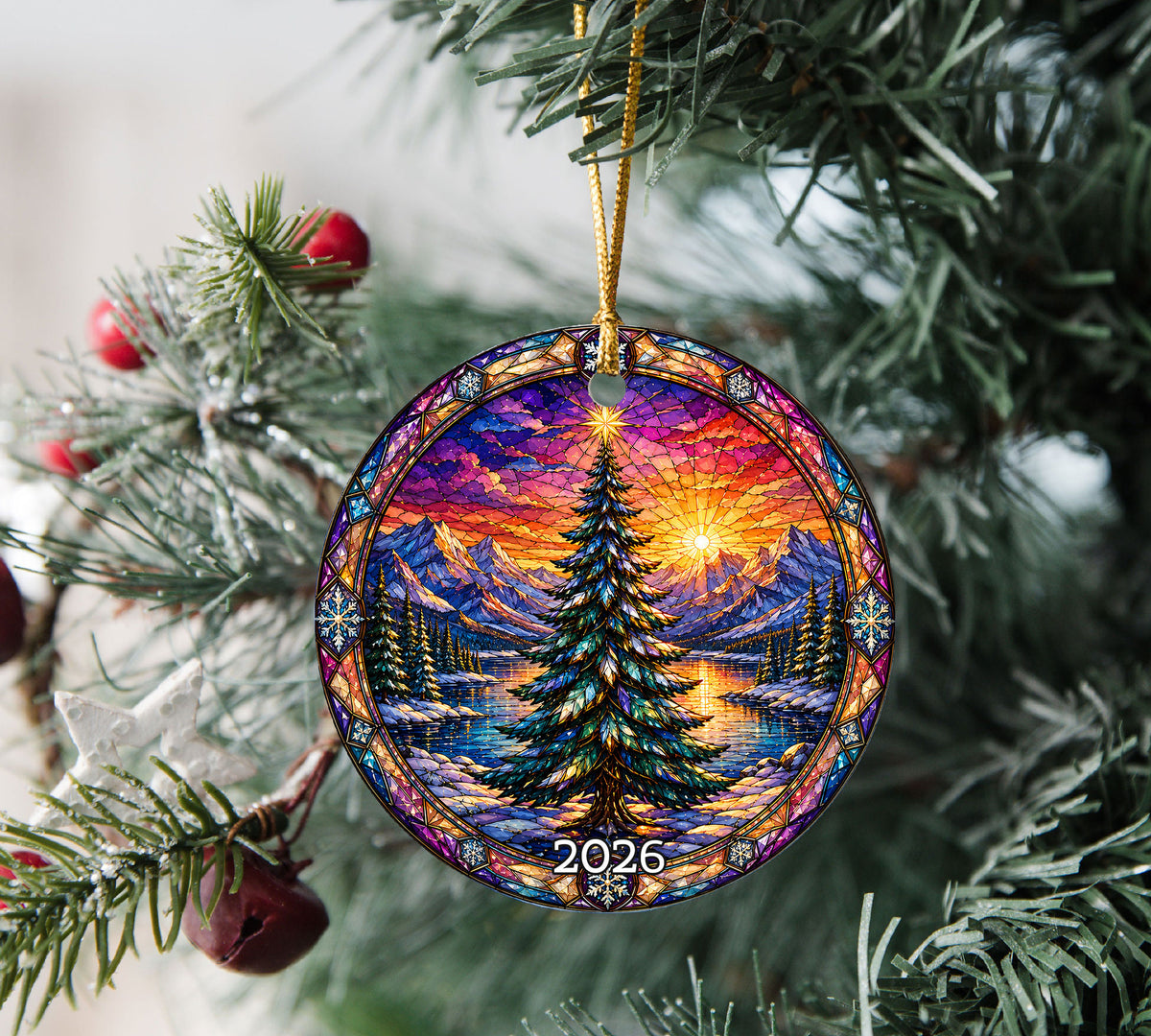 Colorful Christmas Tree Ornament 2026, Stained Glass Style Holiday Ornament, Winter Landscape Decor