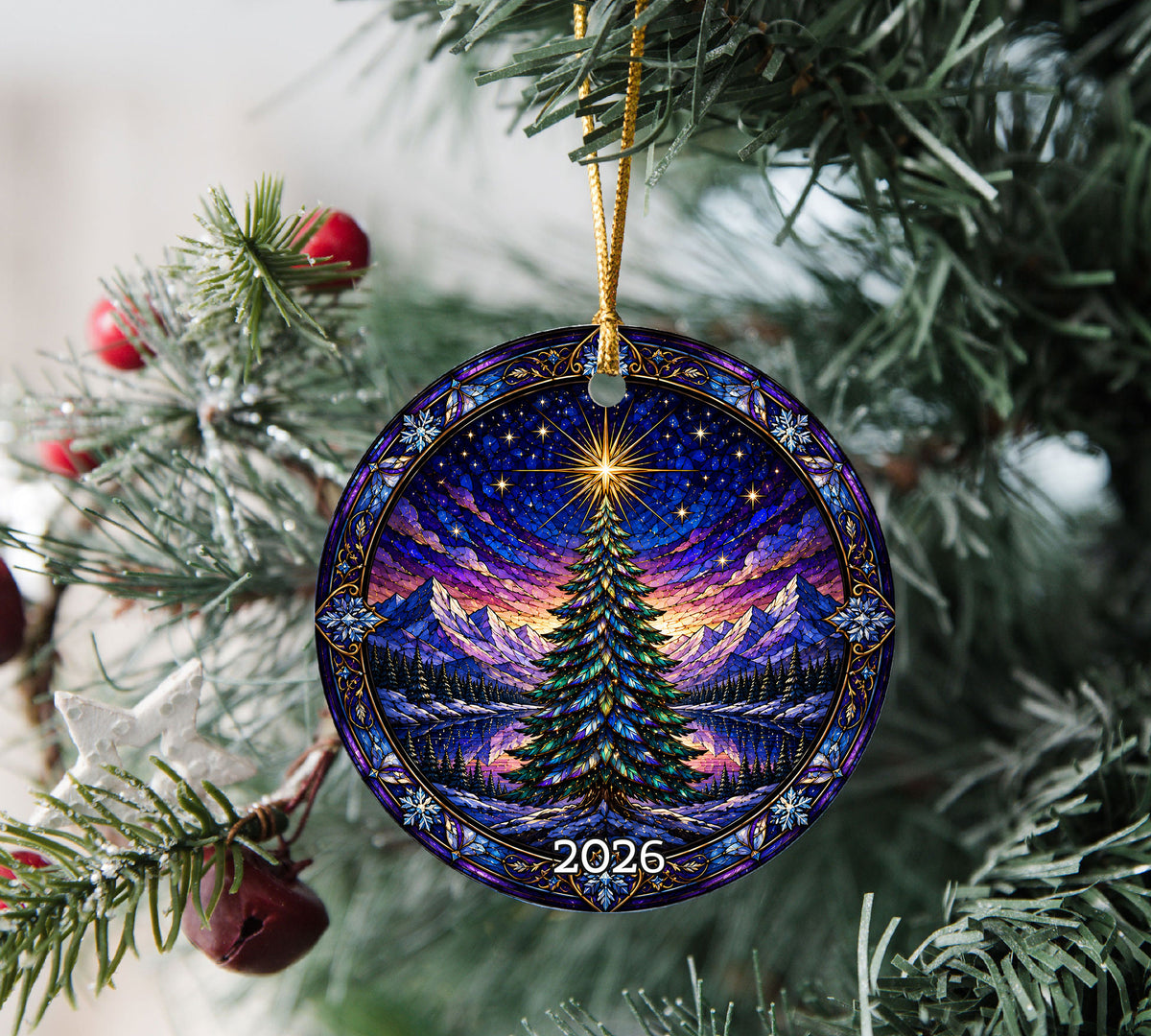 Christmas Tree Suncatcher Style Ornament 2026, Colorful Winter Mountain Scene Decoration
