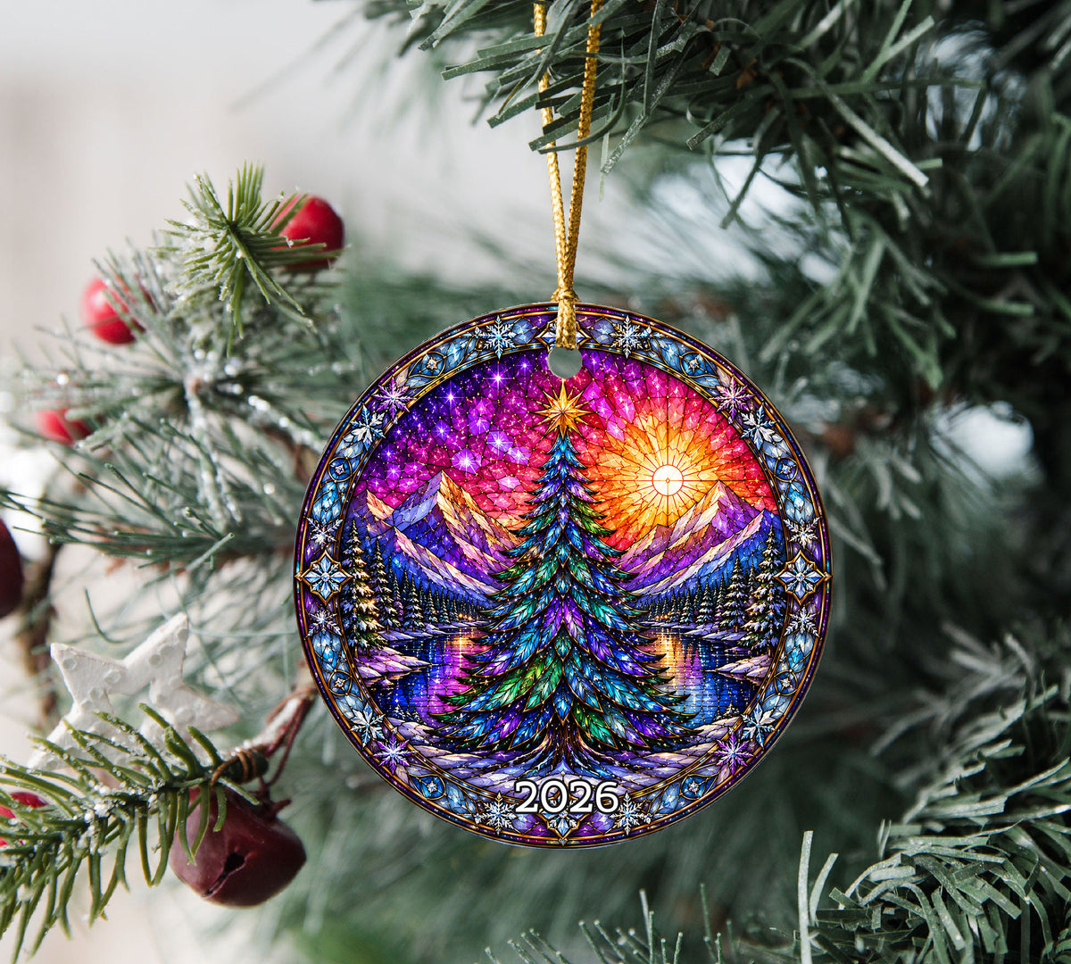 Stained Glass Style Christmas Ornament 2026, Colorful Evergreen Tree with Mountain Lake, Holiday Tree Decoration