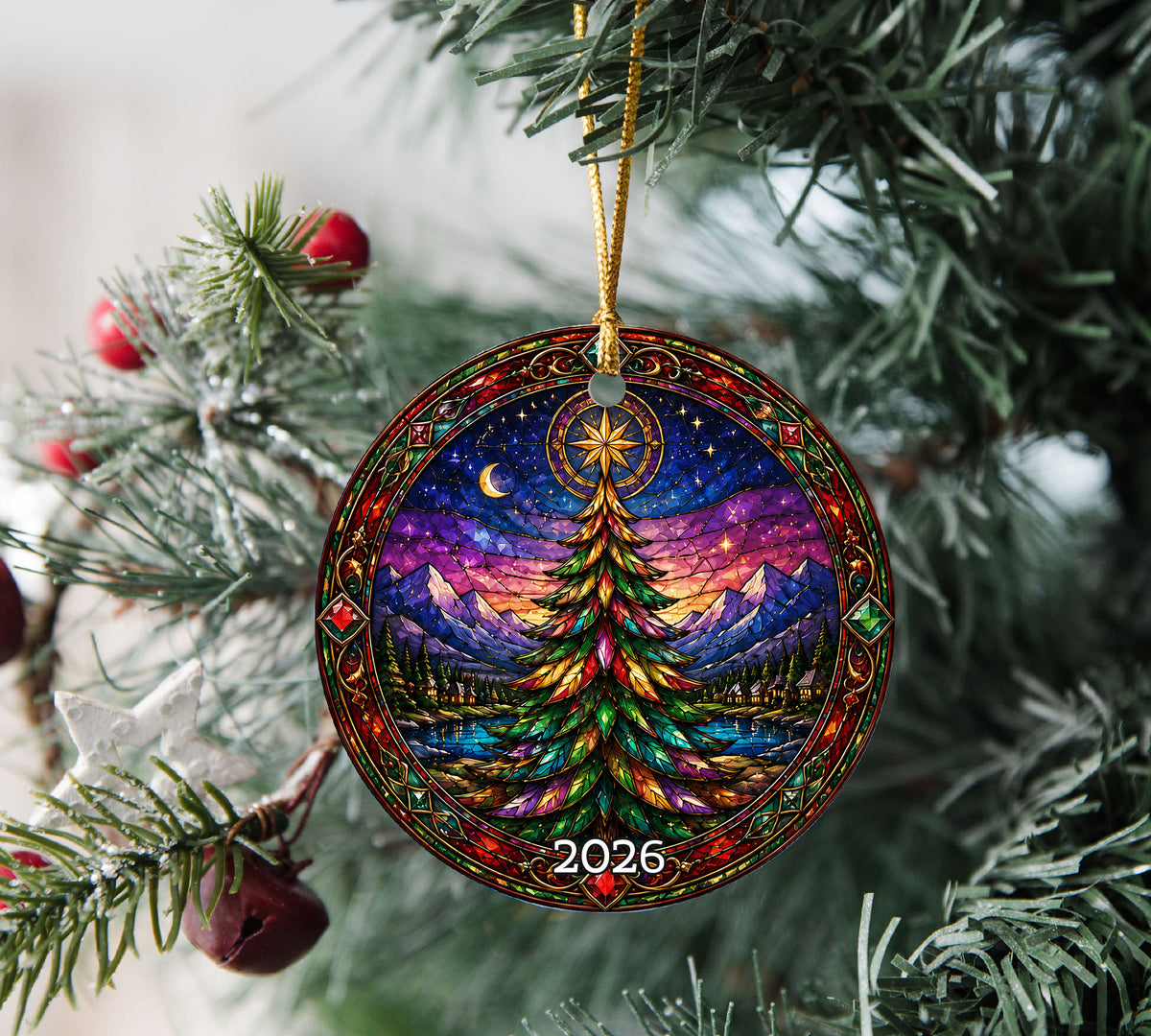 Christmas Tree Holiday Ornament 2026, Colorful Stained Glass Inspired Winter Scene, Festive Christmas Decoration