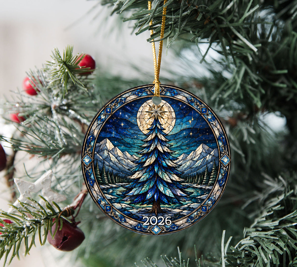 Winter Christmas Tree Ornament 2026, Colorful Mountain Landscape Holiday Decor, Stained Glass Inspired Christmas Gift