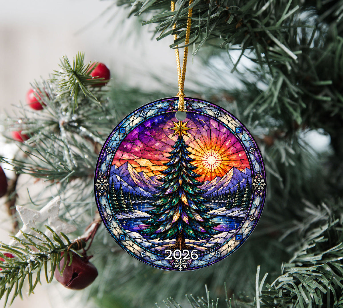 Christmas Ornament 2026 with Colorful Christmas Tree, Winter Lake Landscape Decoration, Holiday Tree Keepsake