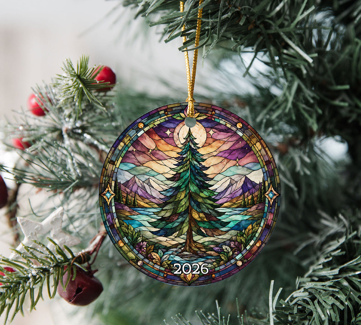 Vintage Christmas Tree Ornament 2026, Holiday Winter Landscape Decor, Stained Glass Inspired Christmas Keepsake