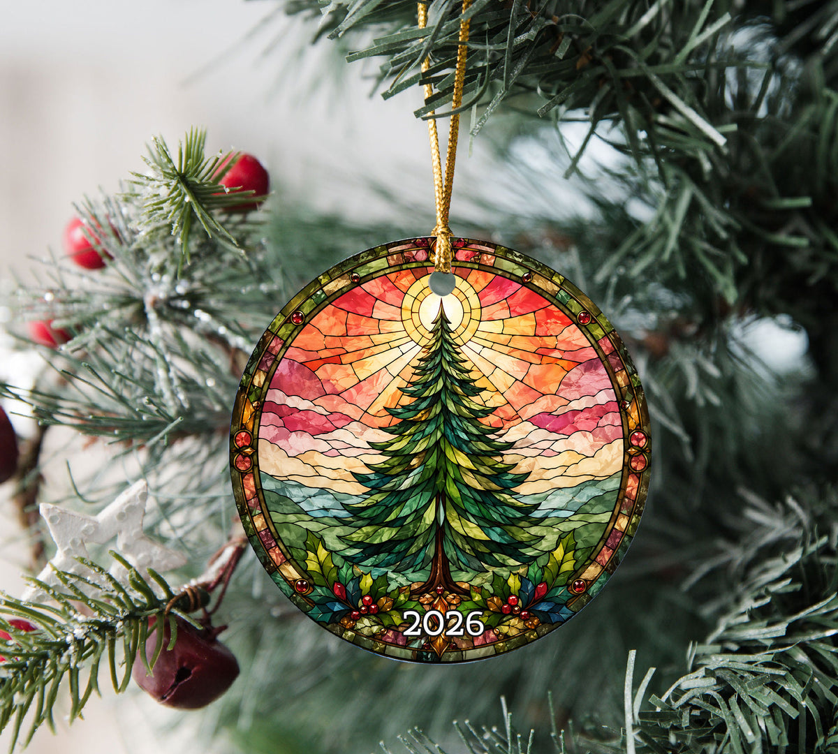 Winter Christmas Tree Ornament 2026, Vintage Chrismas Tree Holiday Decoration, Stained Glass Inspired Christmas Tree Keepsake Gift