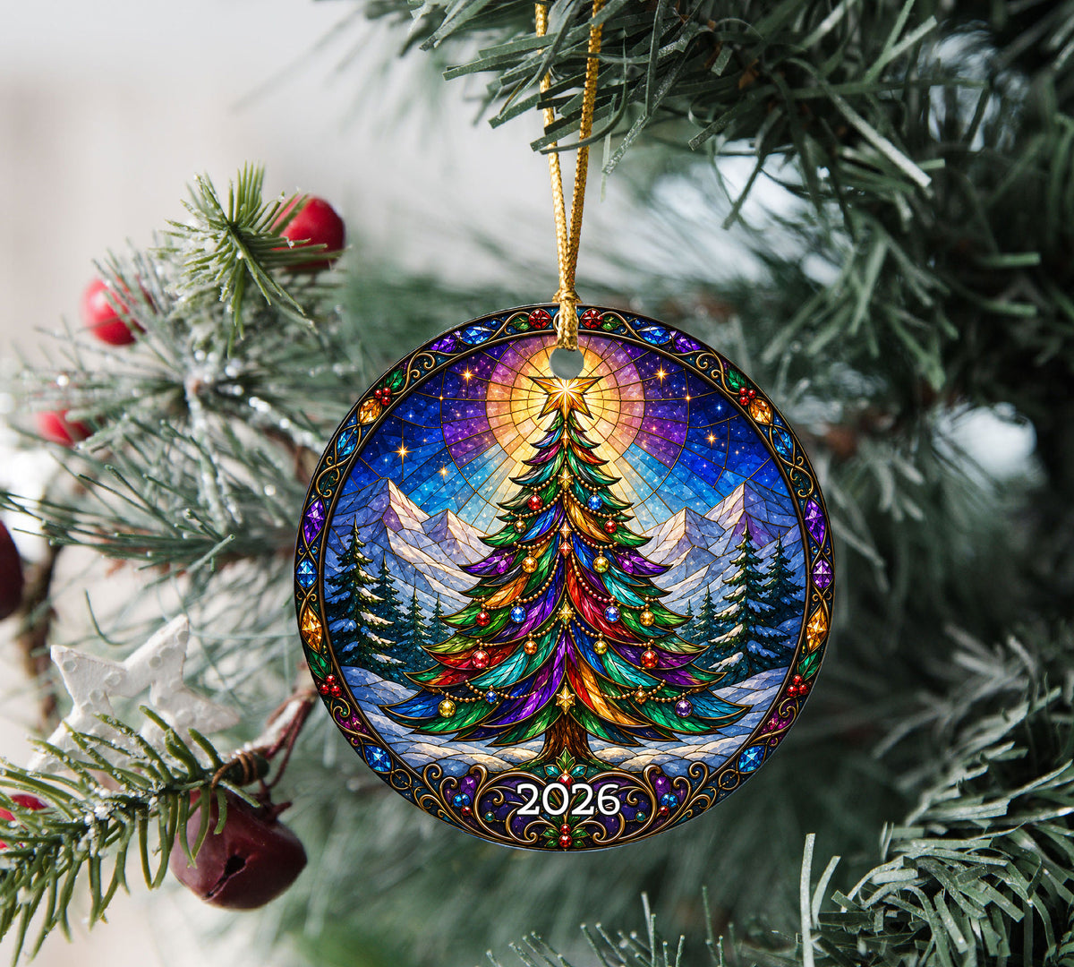 Colorful Stained Glass Christmas Tree Ornament 2026, Rainbow Evergreen Winter Mountain Scene, Holiday Tree Decoration