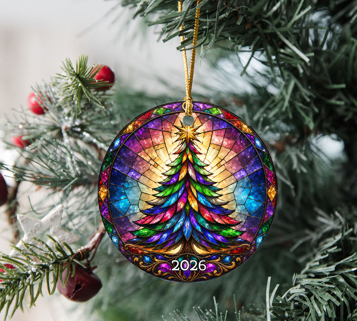 Rainbow Christmas Tree Ornament 2026, Colorful Stained Glass Holiday Decoration, Winter Landscape Christmas Gift