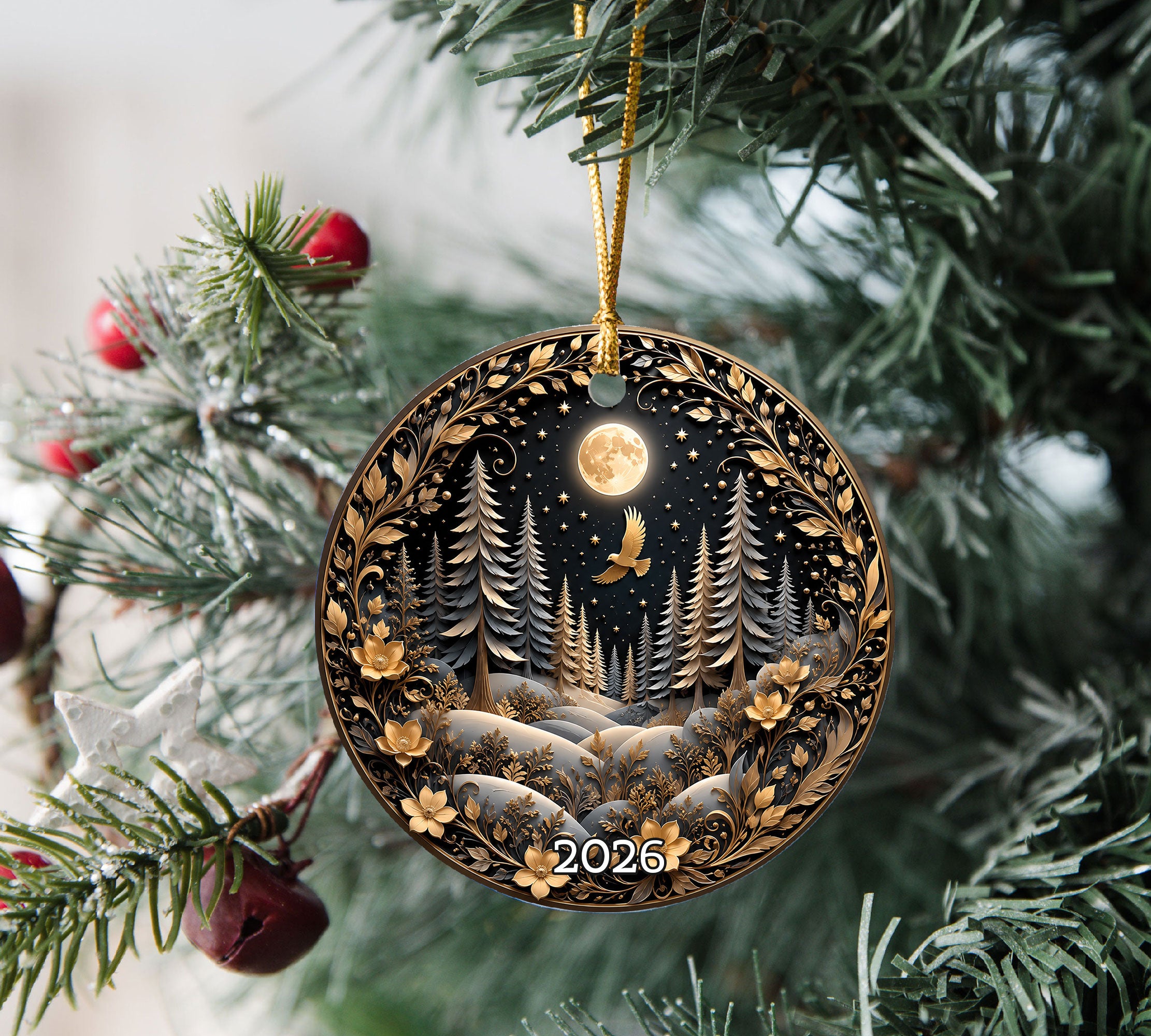 Winter Forest Christmas Ornament 2026, Moon Night Woodland Christmas Tree Decor, Nature Inspired Holiday Ornament