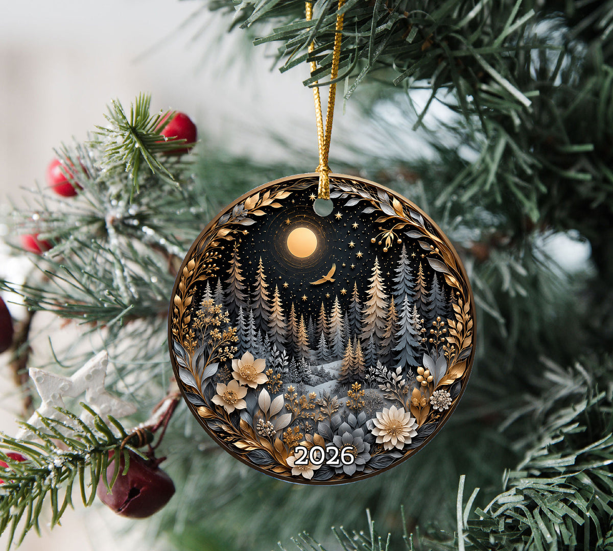 Winter Forest Christmas Ornament 2026, Moon Night Woodland Christmas Tree Decor, Nature Inspired Holiday Ornament
