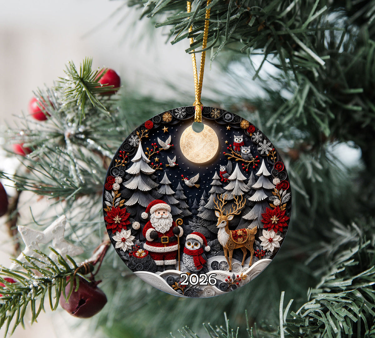 Santa Woodland Christmas Ornament 2026, Owl Deer Robin Winter Forest Cabin Christmas Tree Decoration, Holiday Keepsake Gift for Family