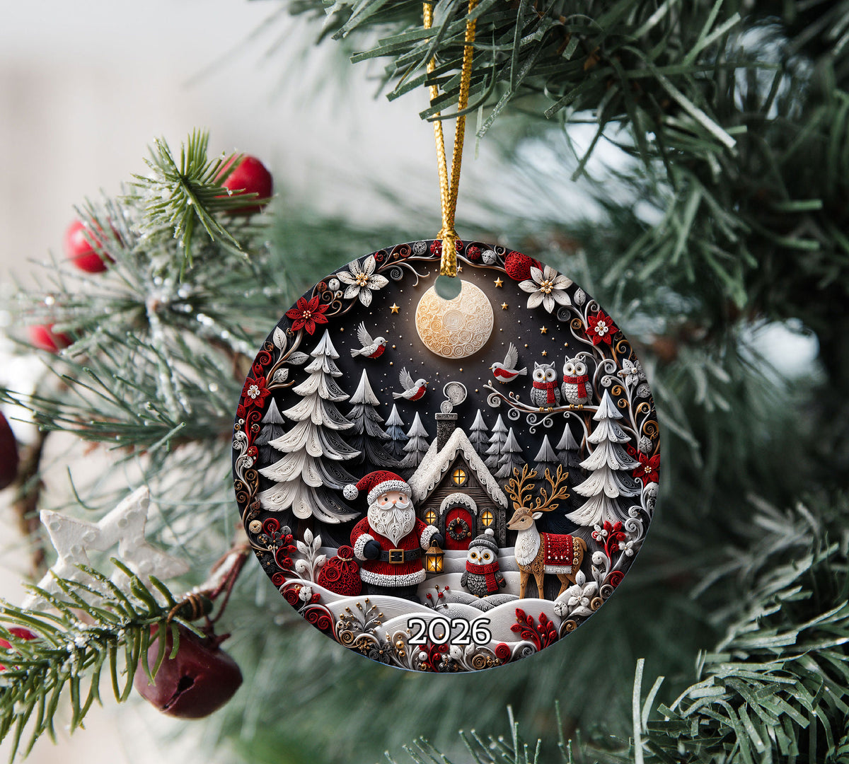 Holiday Christmas Ornament 2026, Santa Owl Deer Robin Forest Cabin Winter Scene, Christmas Tree Decoration, Festive Keepsake Gift